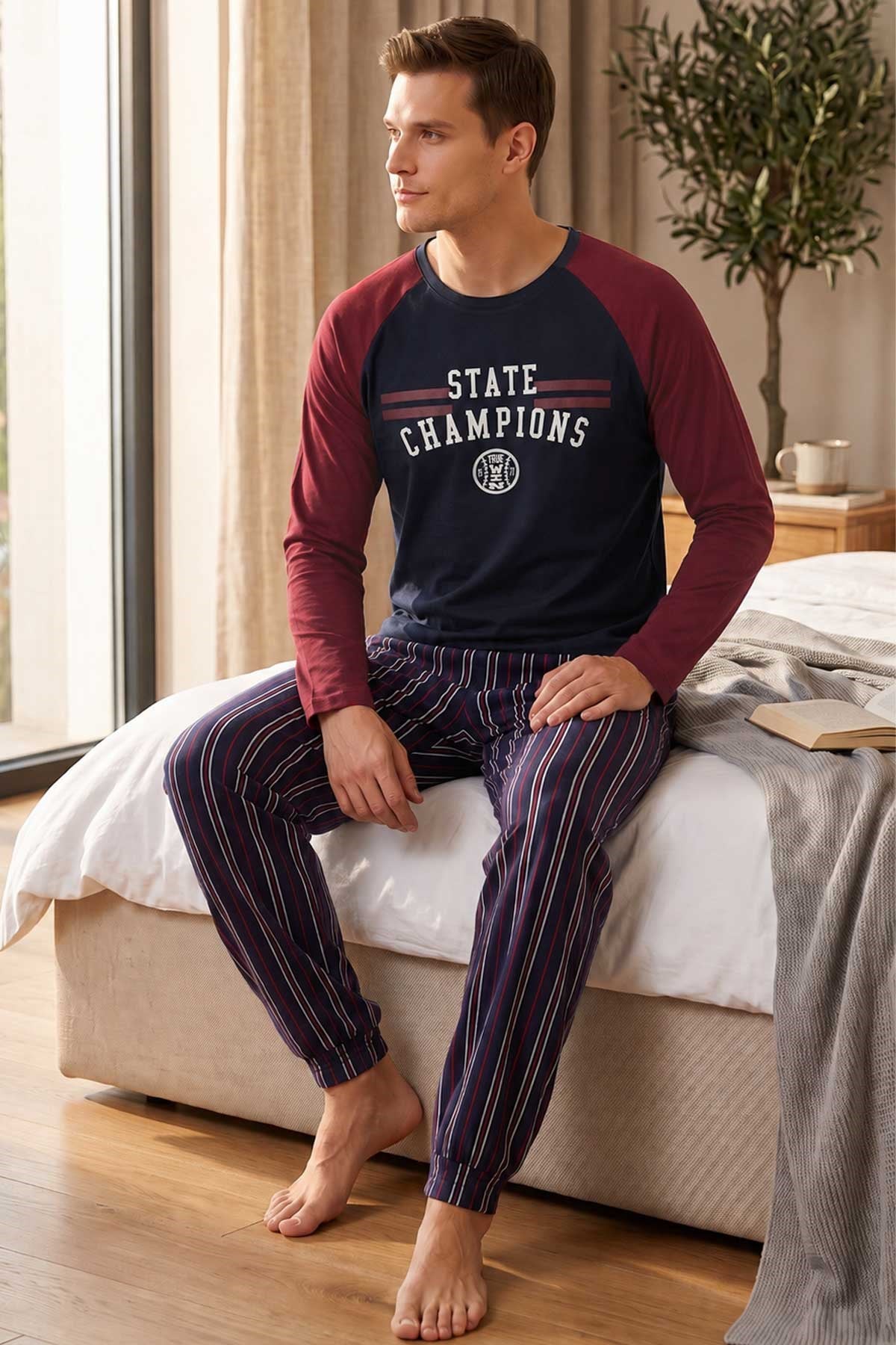 Mısırlı Erkek Pamuk Reglan Kol Pijama Takım Lacivert