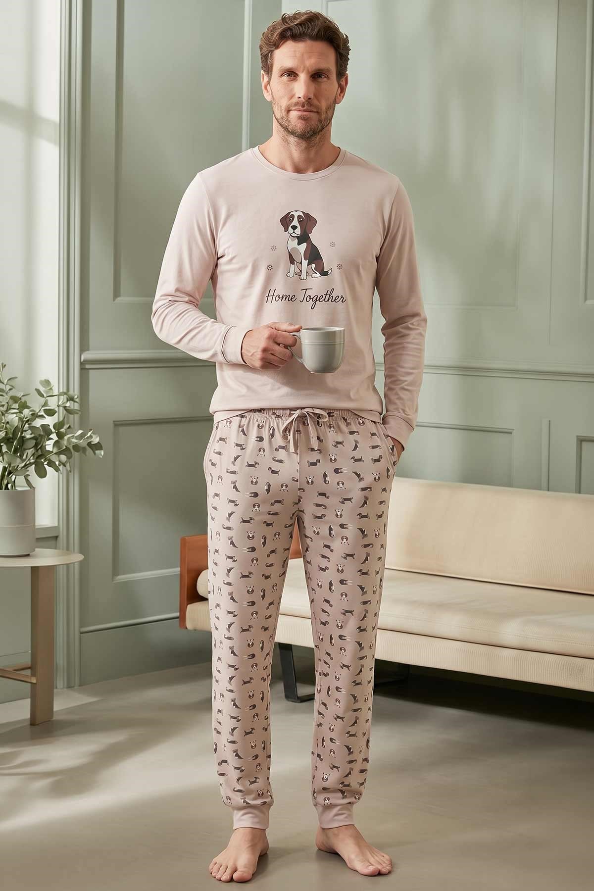 Mısırlı Erkek Pamuklu Baskılı Pijama Takım Ekru