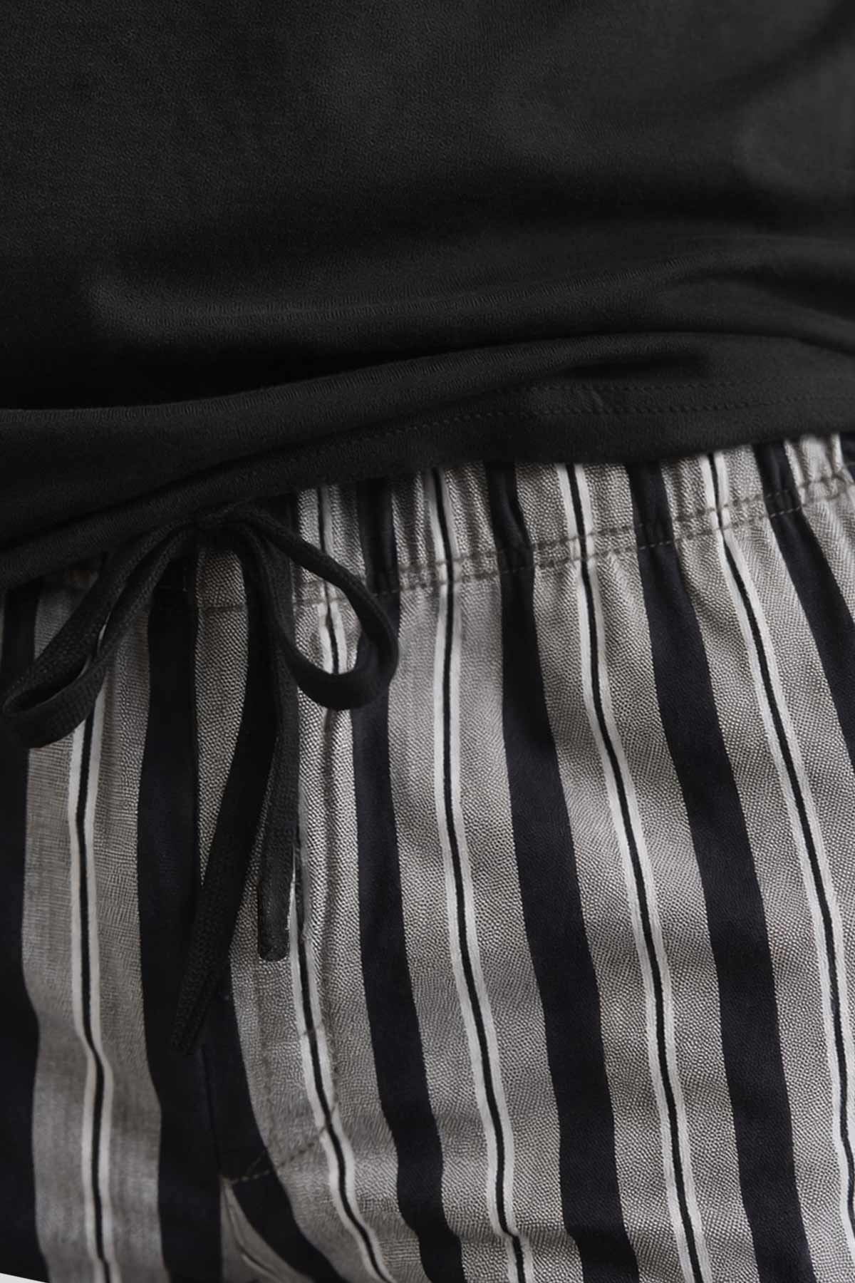 Mısırlı Erkek Pamuklu Bisiklet Yaka Çizgili Pijama Takım Siyah