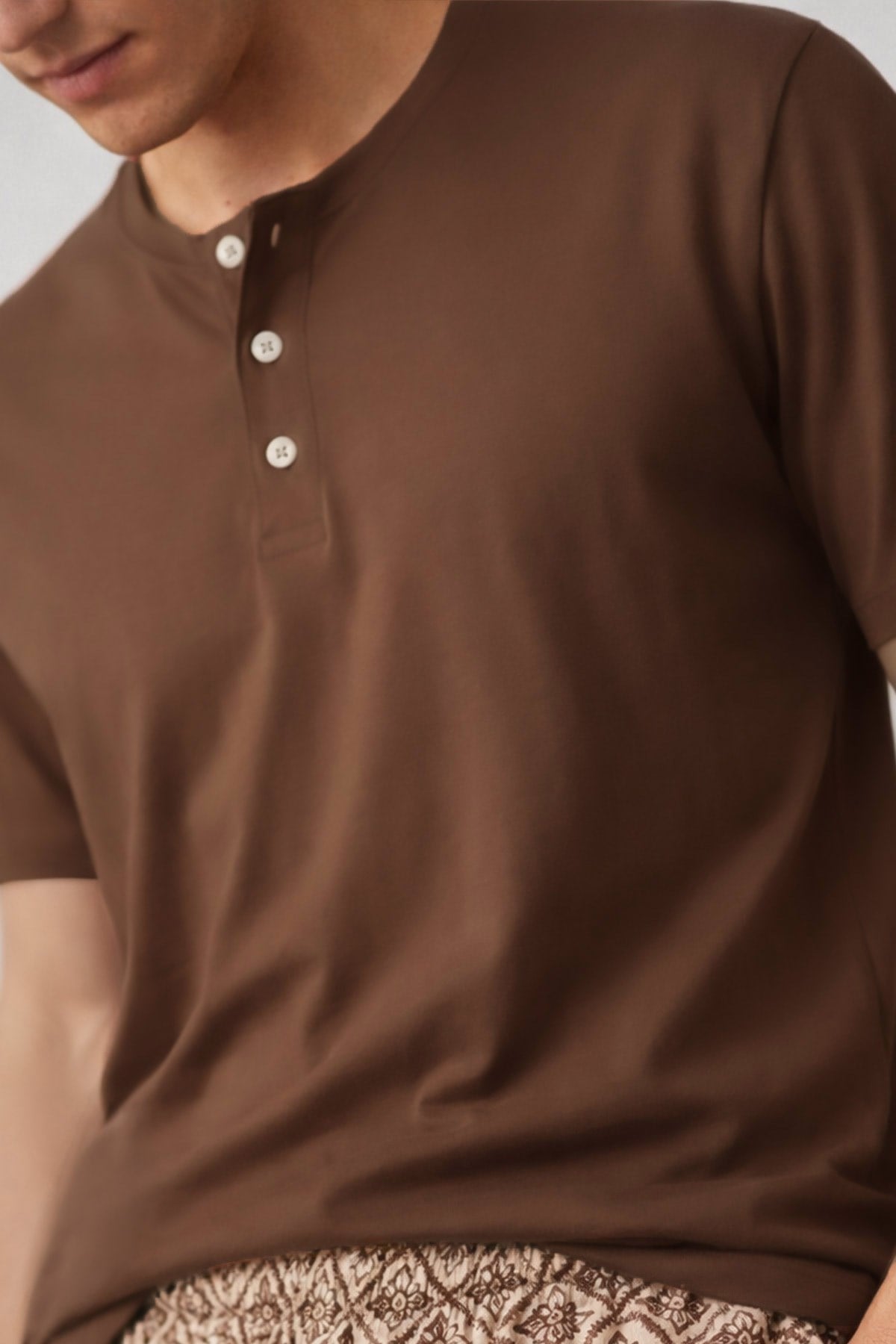 Mısırlı Erkek Pamuklu Bisiklet Yaka Düğmeli Pijama Takım Kahve/Bej