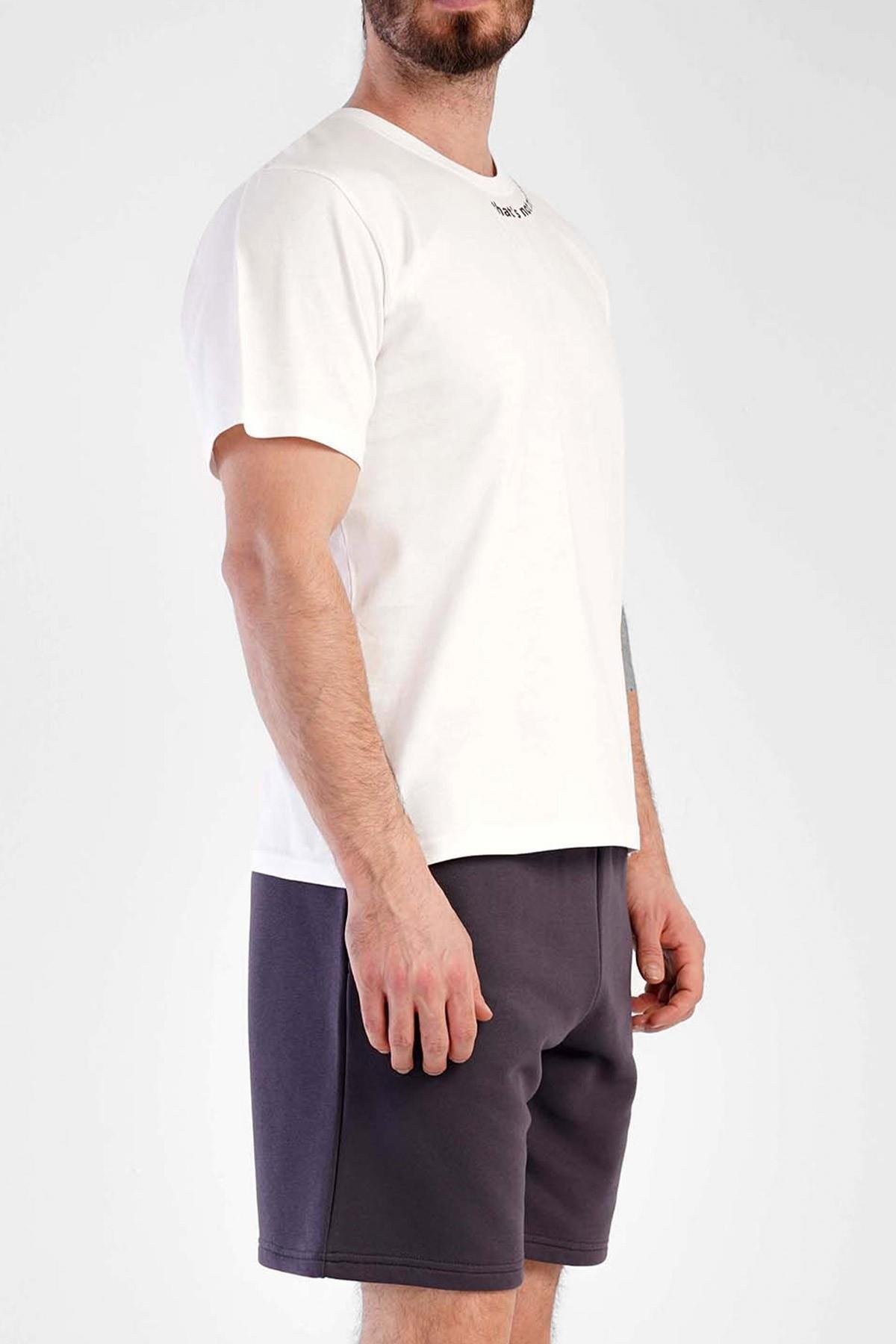 Mısırlı Erkek Pamuklu Kısa Kol Şort Pijama Takımı Beyaz