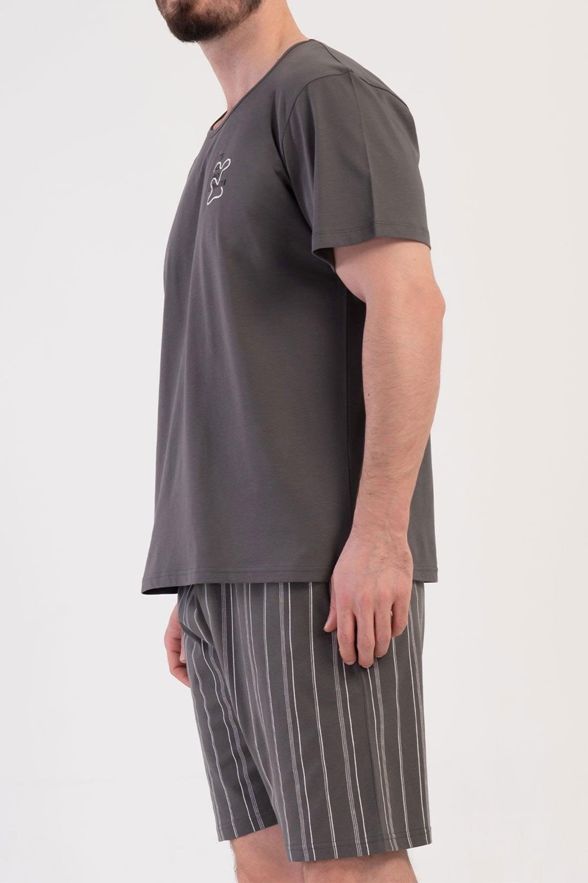 Mısırlı Erkek Pamuklu Kısa Kollu Şort Pijama Takımı Füme