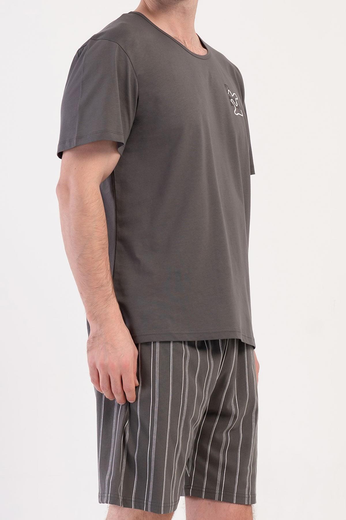 Mısırlı Erkek Pamuklu Kısa Kollu Şort Pijama Takımı Füme