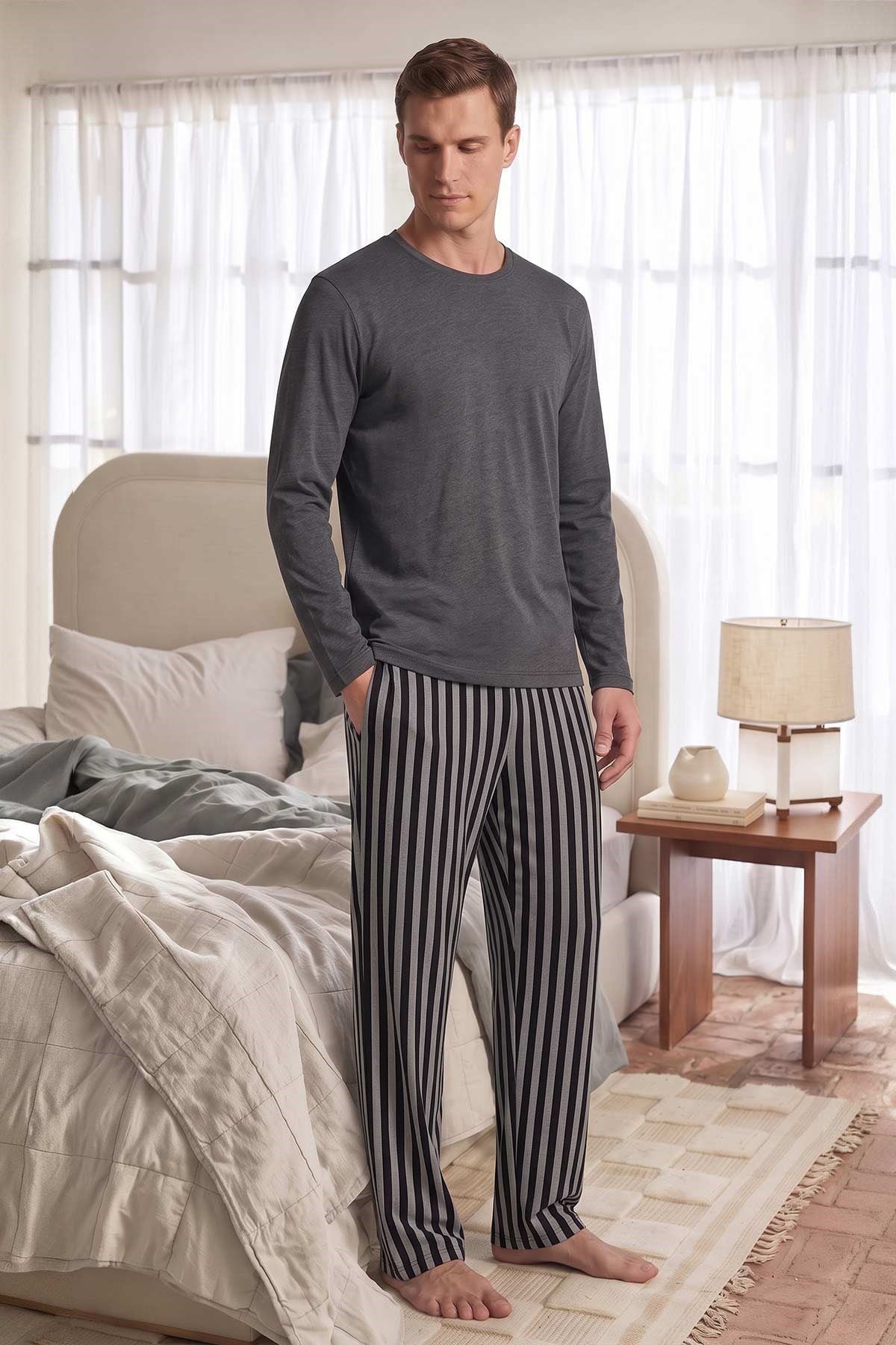 Mısırlı Erkek Pamuklu Uzun Kollu Pijama Takım Antrasit-Siyah