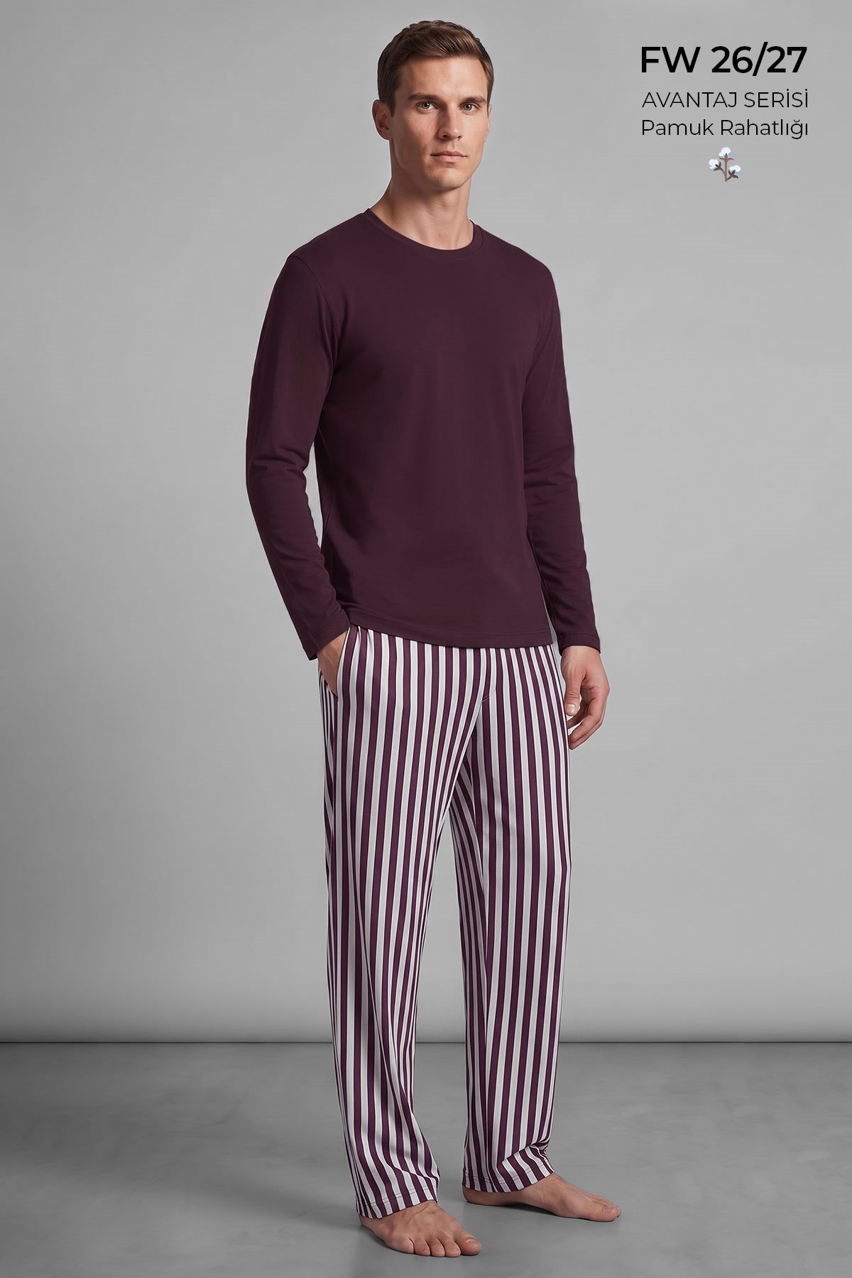 Mısırlı Erkek Pamuklu Uzun Kollu Pijama Takım Mürdüm- Ekru