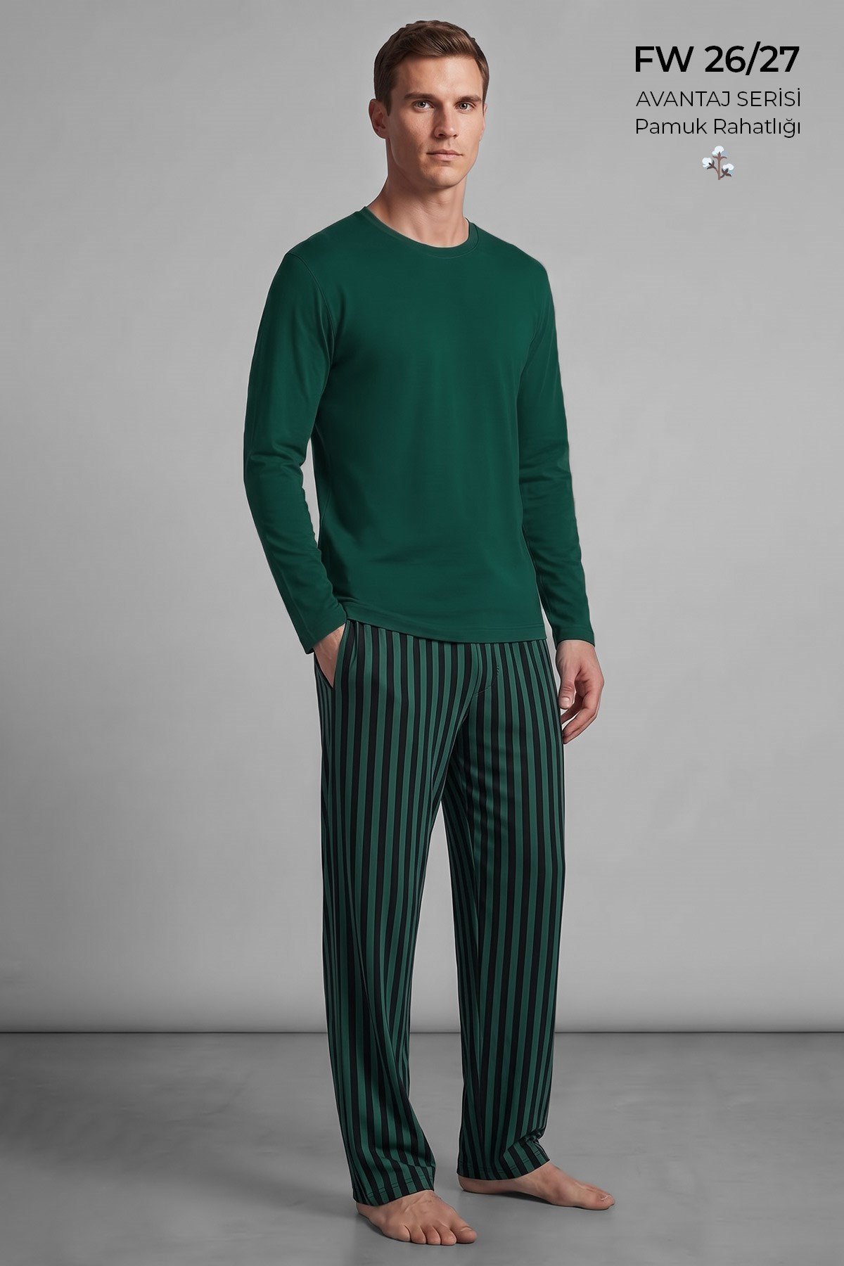 Mısırlı Erkek Pamuklu Uzun Kollu Pijama Takım Zümrüt Yeşil-Siyah