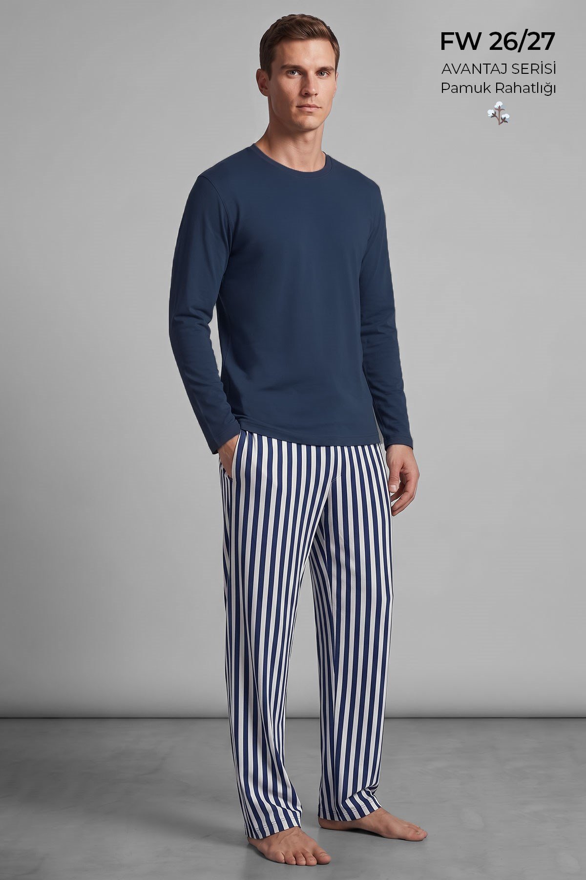 Mısırlı Erkek Pamuklu Uzun Kollu Pijama Takım Lacivert-Ekru