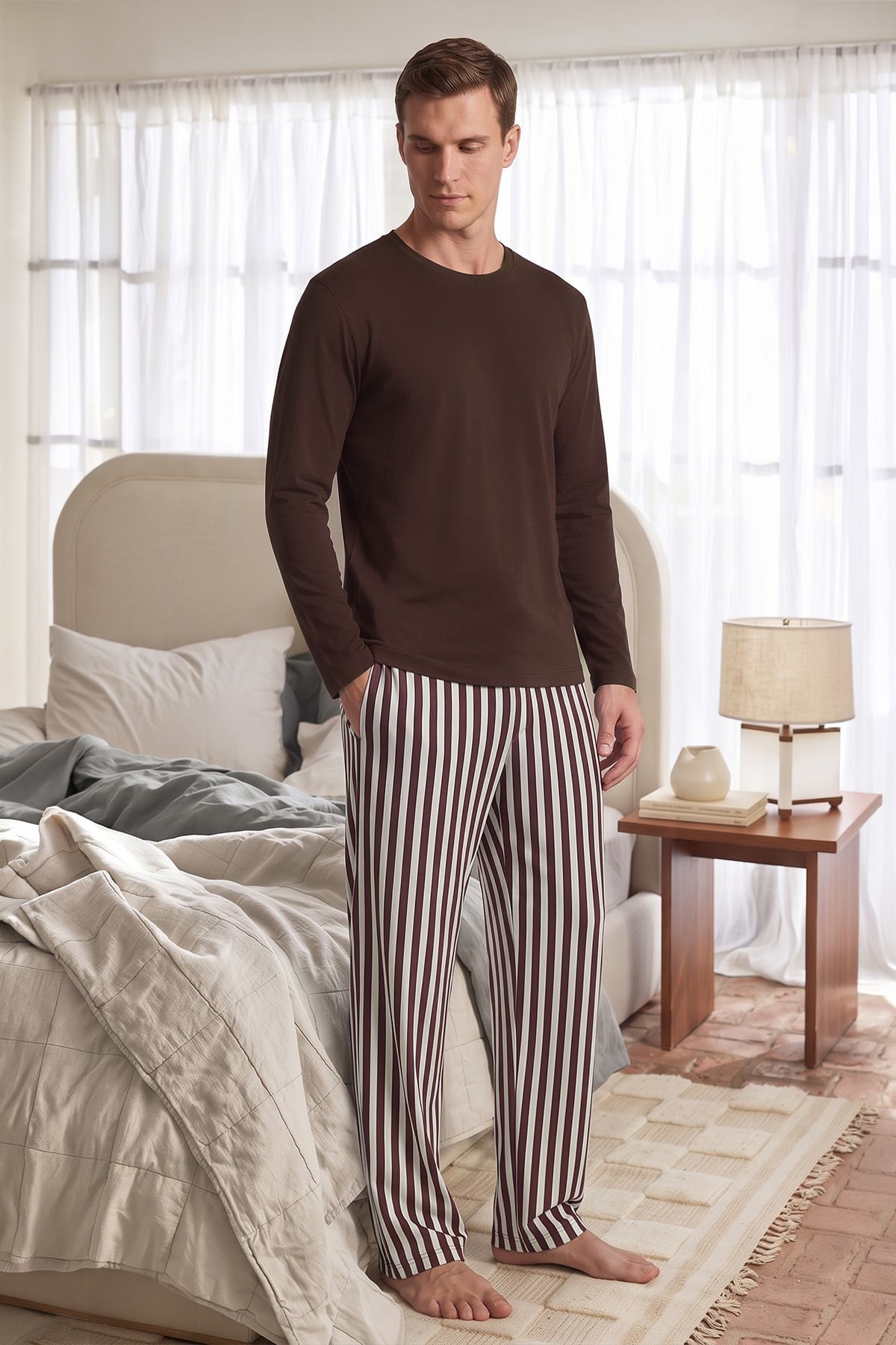 Mısırlı Erkek Pamuklu Uzun Kollu Pijama Takım Kahverengi-Ekru