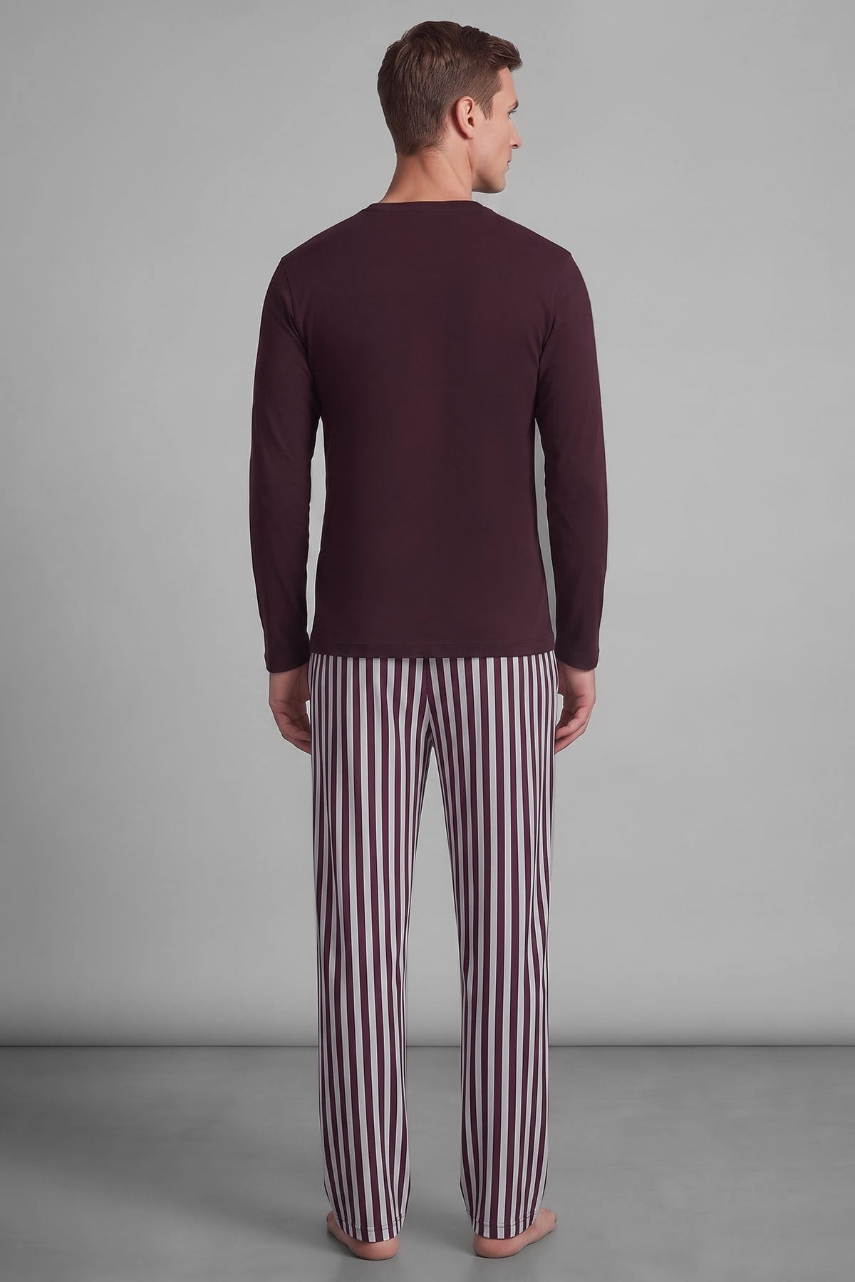 Mısırlı Erkek Pamuklu Uzun Kollu Pijama Takım Mürdüm- Ekru