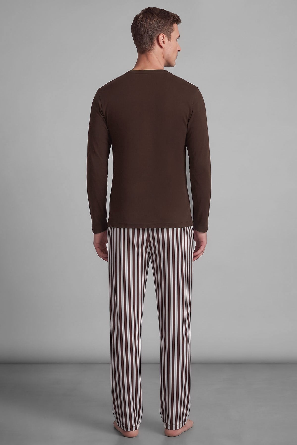 Mısırlı Erkek Pamuklu Uzun Kollu Pijama Takım Kahverengi-Ekru