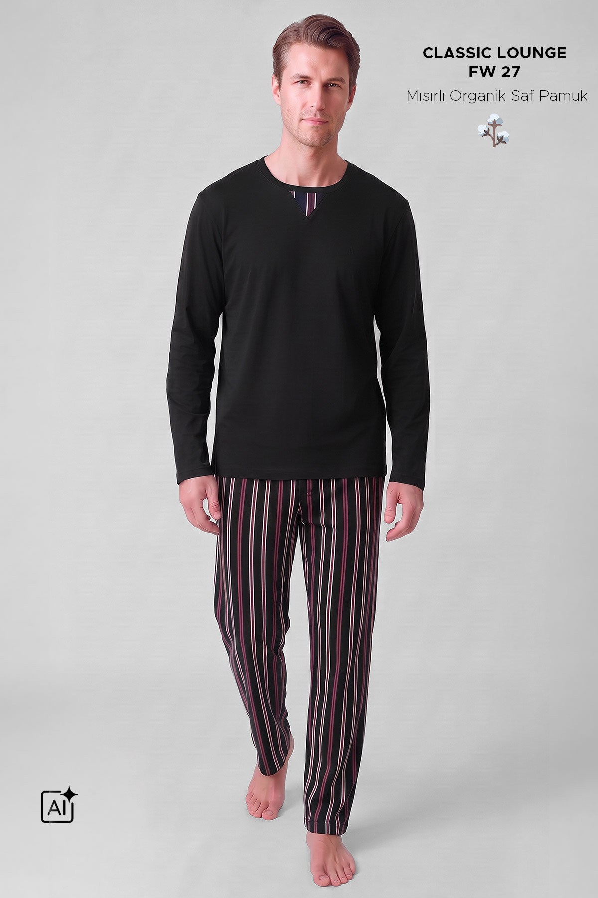 Mısırlı Erkek Pamuklu V Yaka Pijama Takım Siyah
