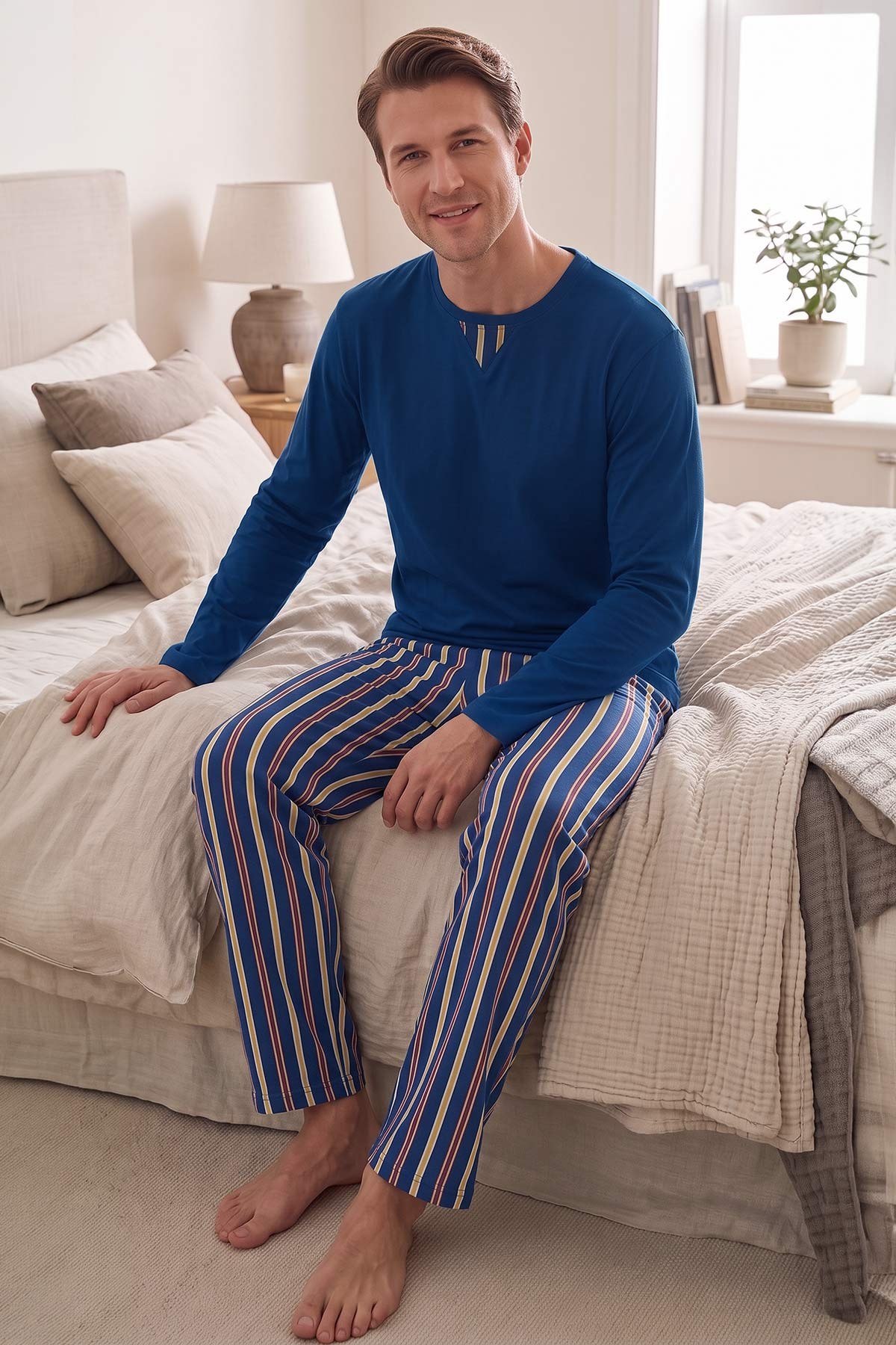 Mısırlı Erkek Pamuklu V Yaka Pijama Takım Saks