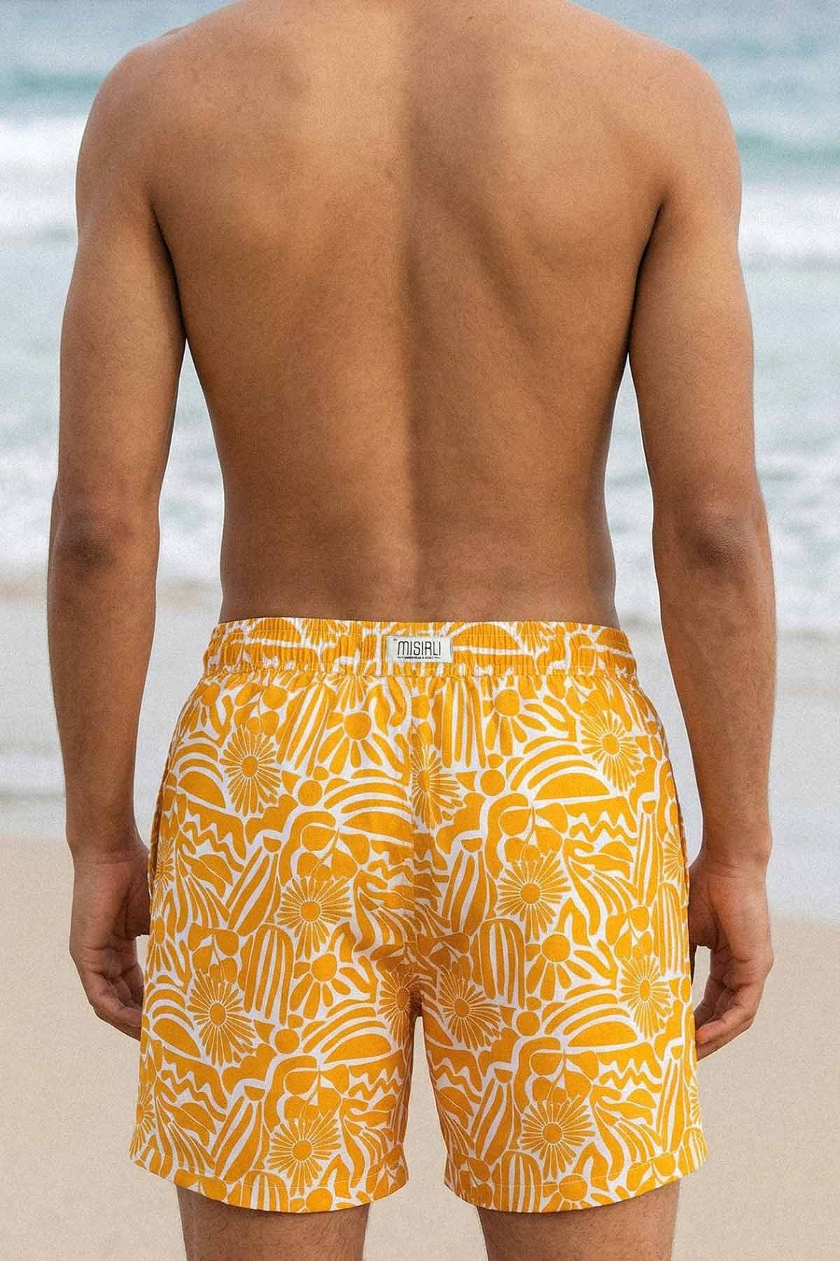 Mısırlı Erkek Retro Floral Desenli Deniz Şort Hardal