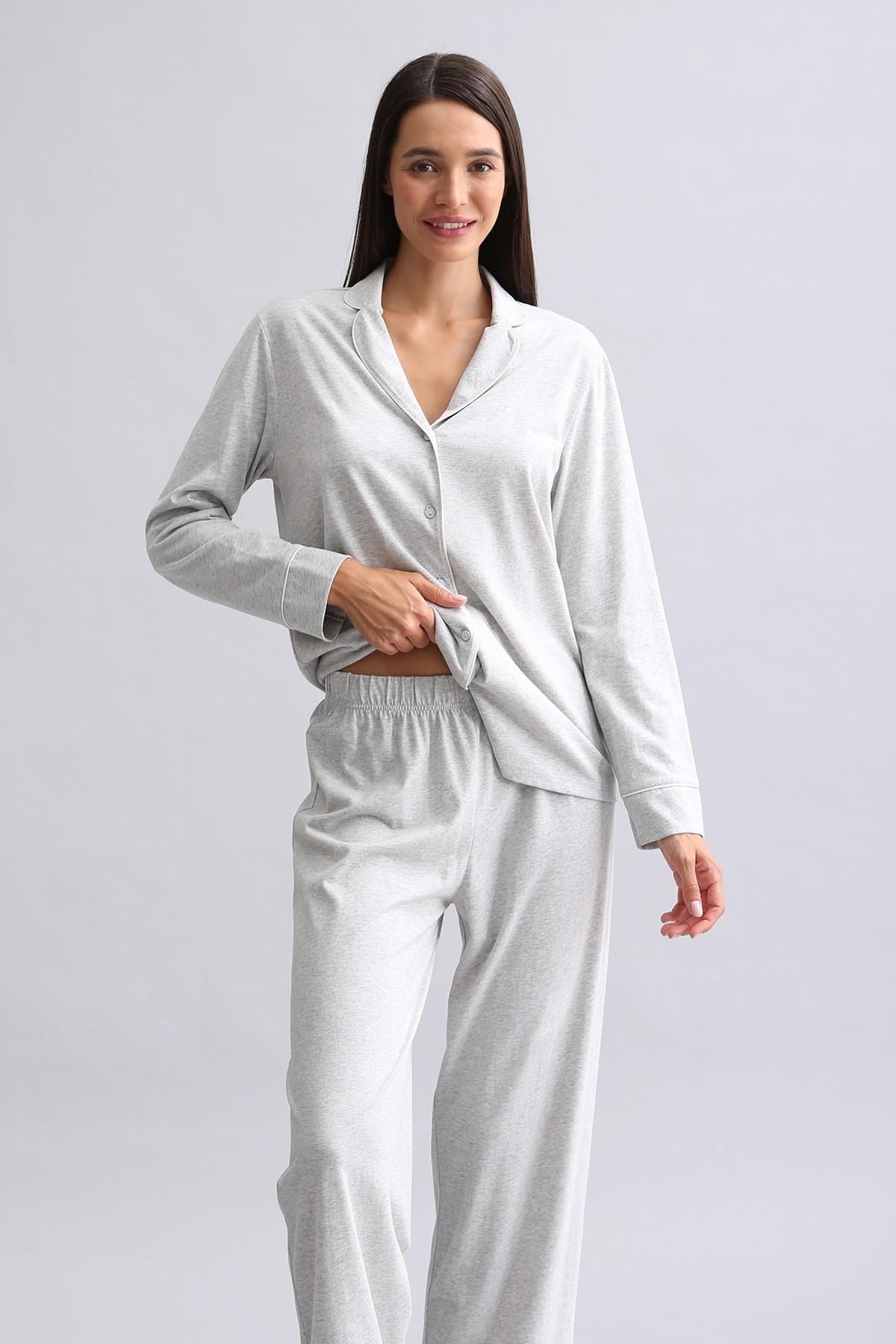 Mısırlı Kadın %100 Pamuk Pijama Takımı Gri Melanj