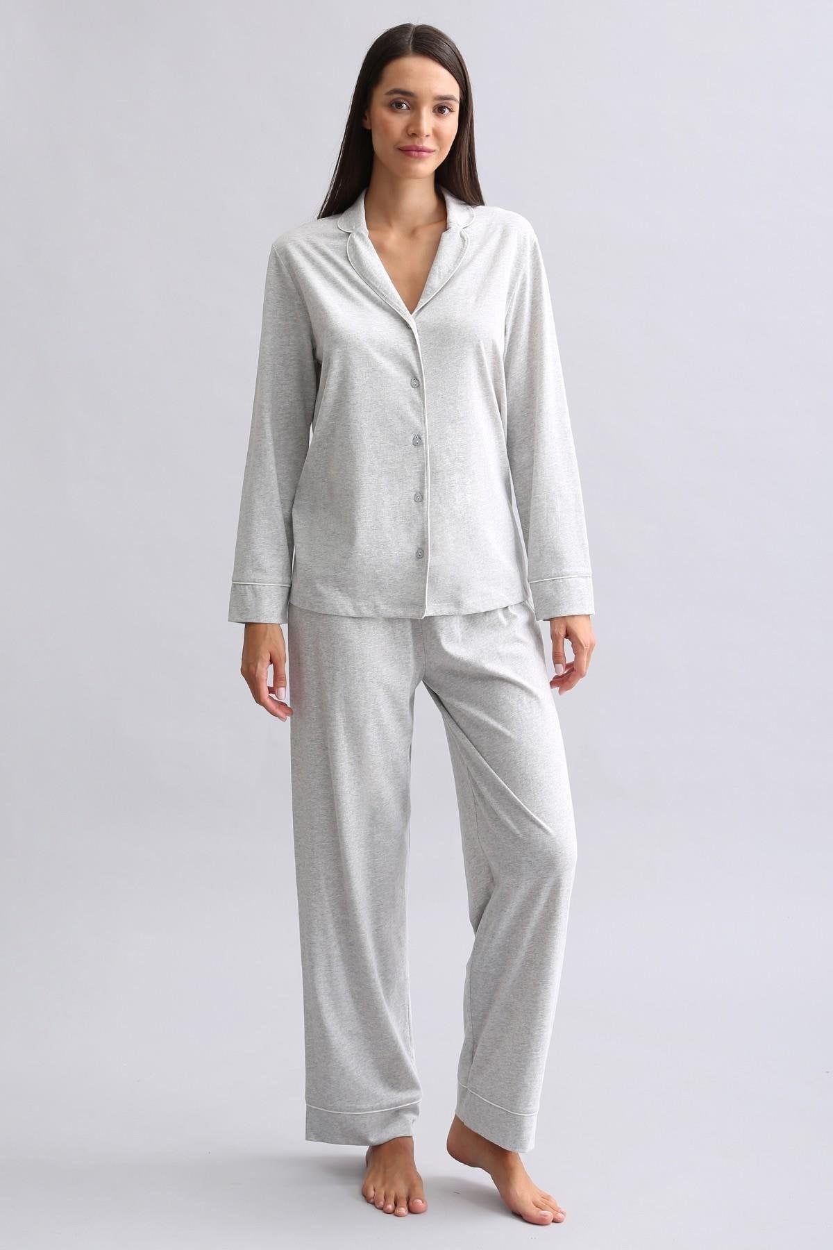 Mısırlı Kadın %100 Pamuk Pijama Takımı Gri Melanj