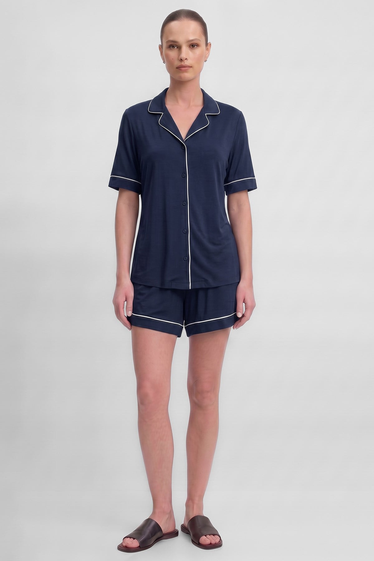 Mısırlı Kadın Bambu Pijama Gömlek Sort Takım Lacivert
