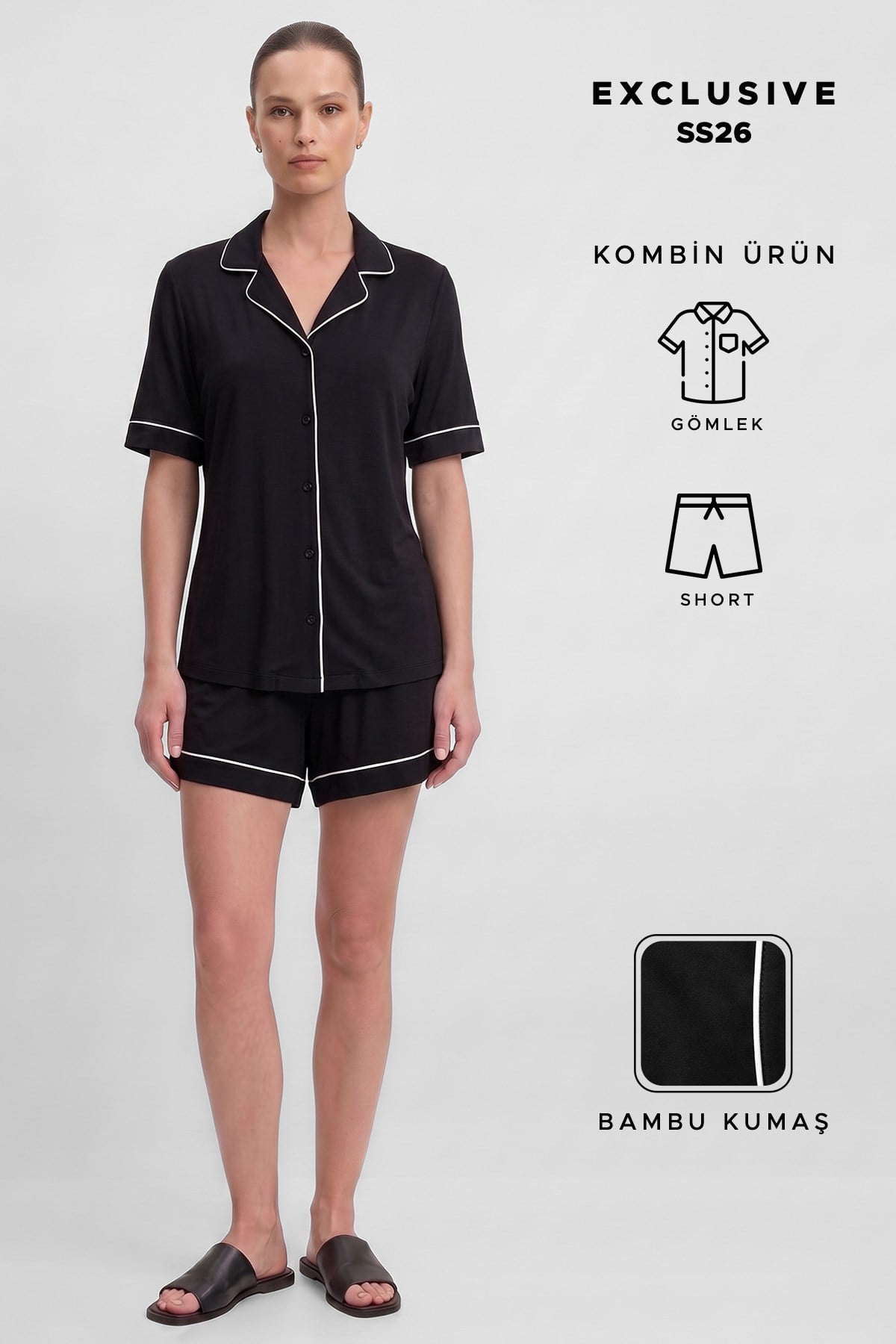 Mısırlı Kadın Bambu Pijama Gömlek Sort Takım Siyah