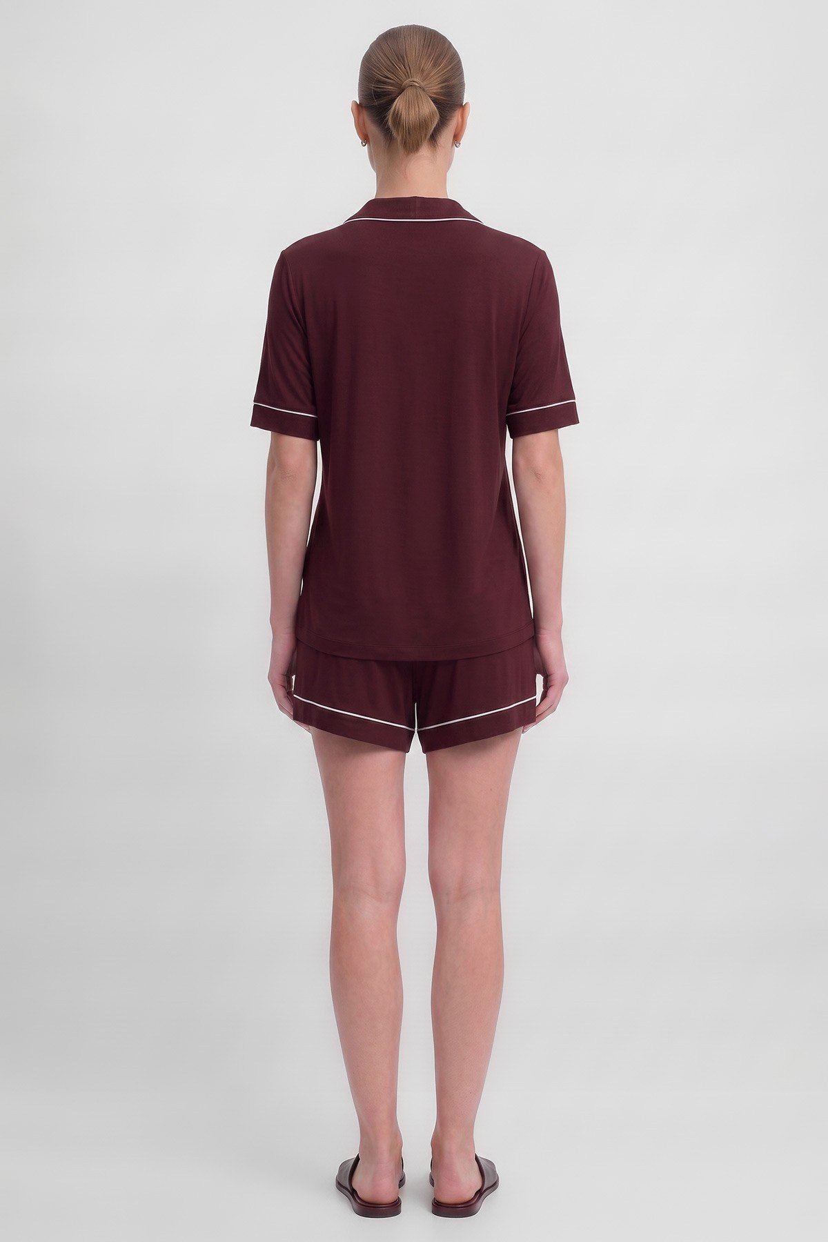 Mısırlı Kadın Bambu Pijama Gömlek Sort Takım Bordo