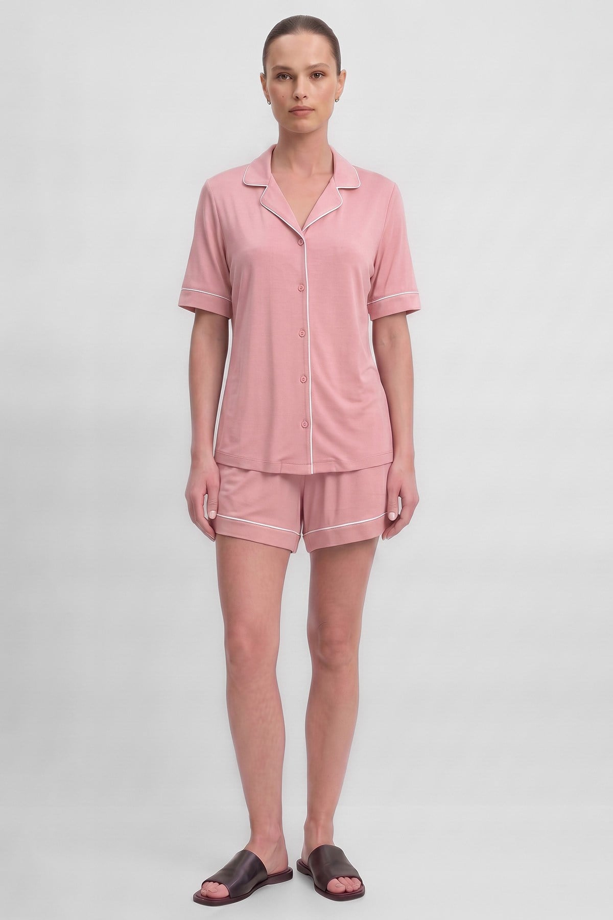 Mısırlı Kadın Bambu Pijama Gömlek Sort Takım Toz Pembe