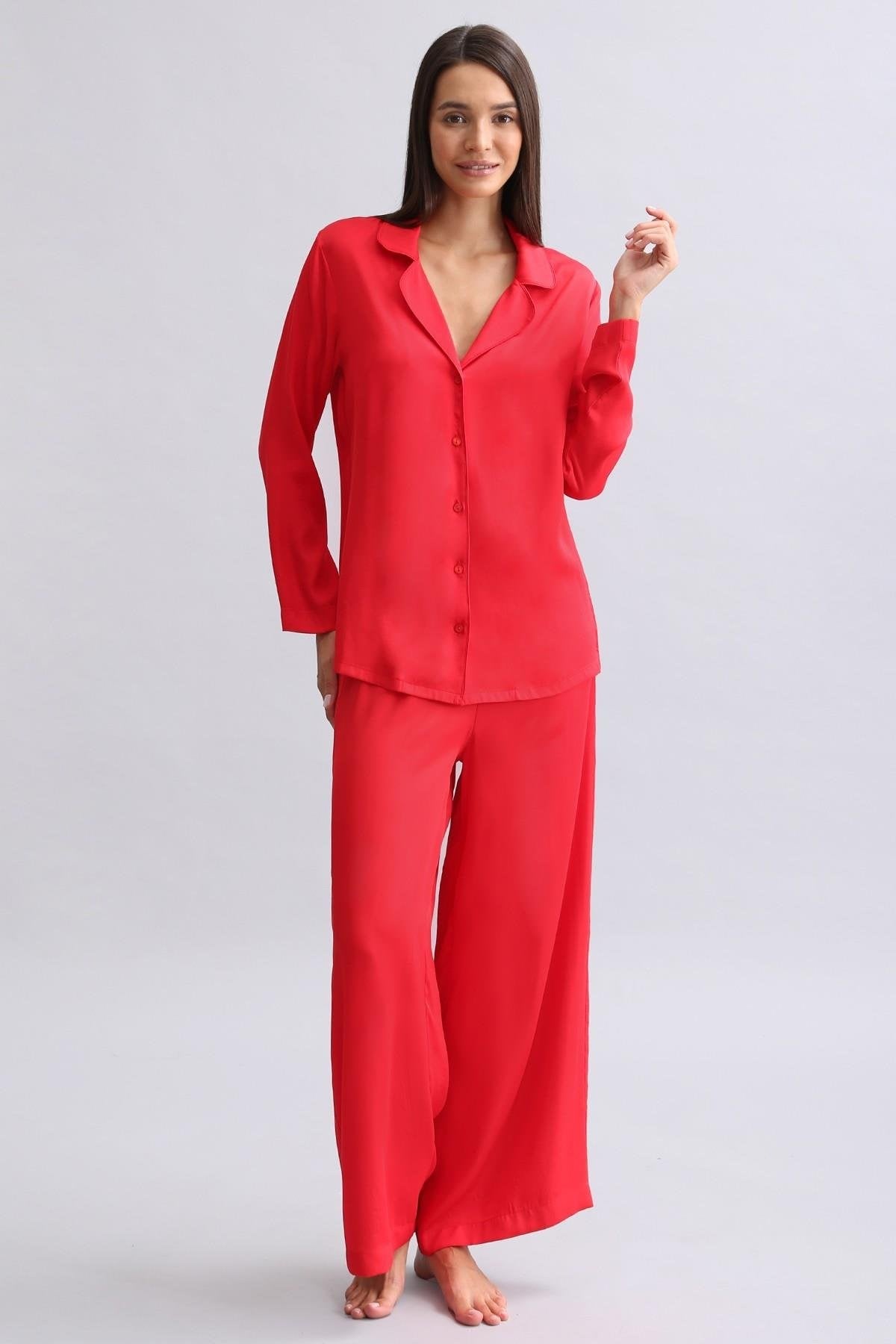 Mısırlı Kadın Bambu Pijama Takımı Kırmızı