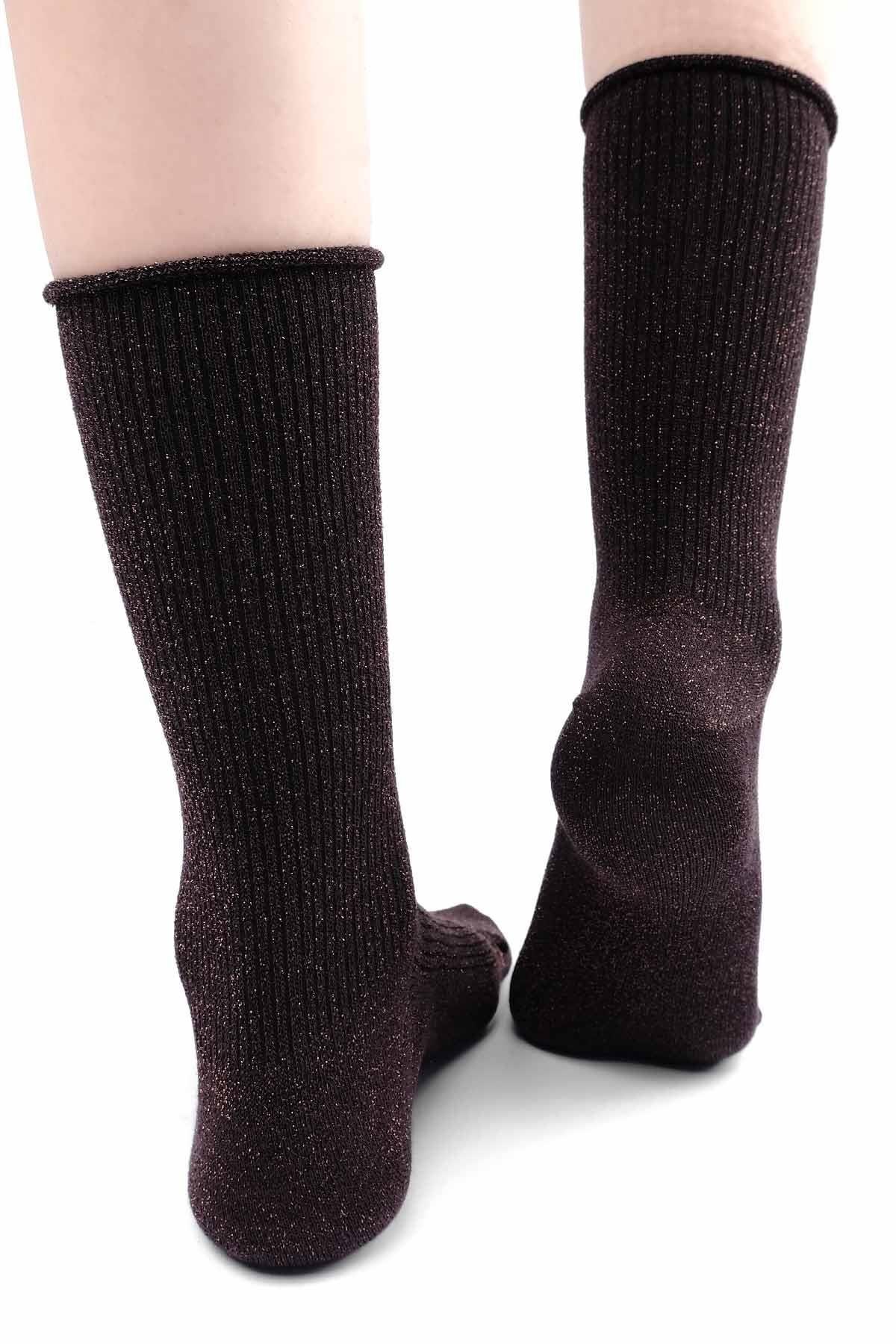 Mısırlı Kadın Bambu Simli Soket Çorap Koyu Kahverengi