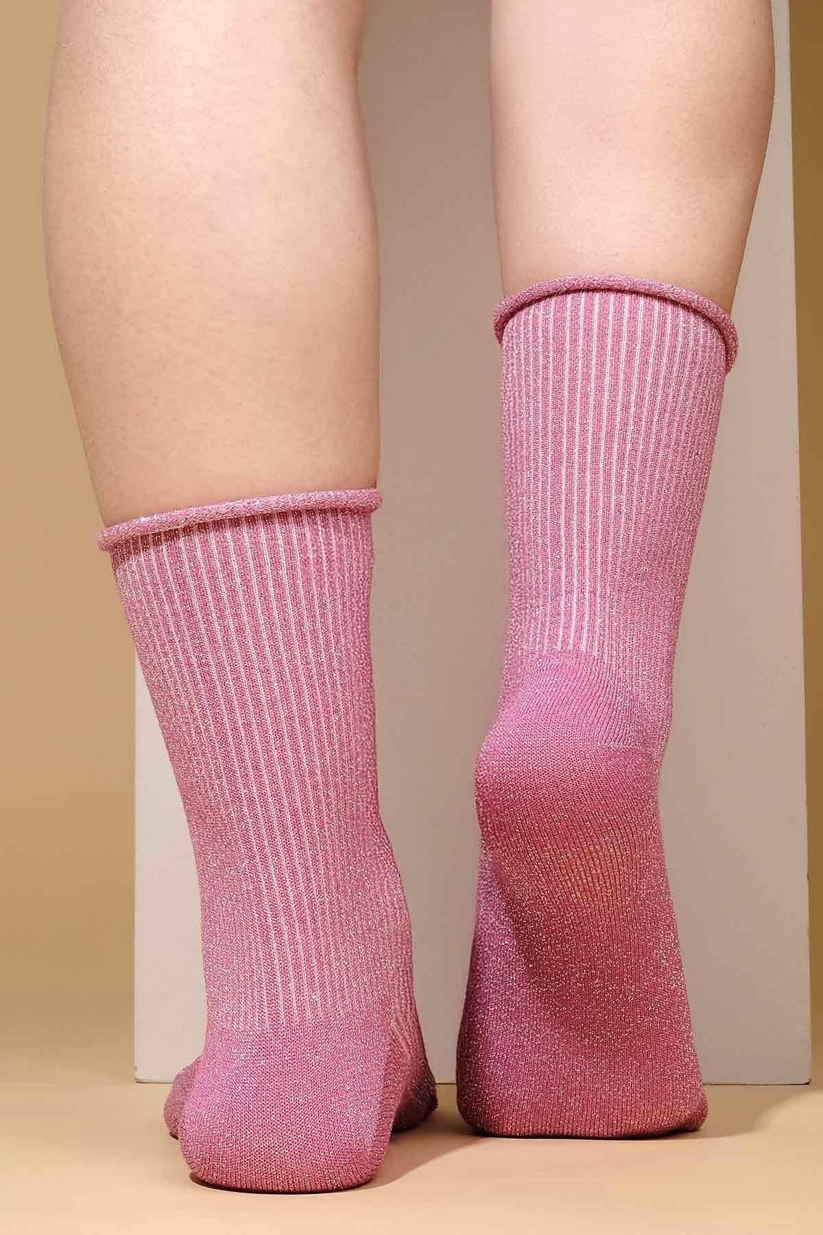 Mısırlı Kadın Bambu Simli Soket Çorap Koyu Pembe
