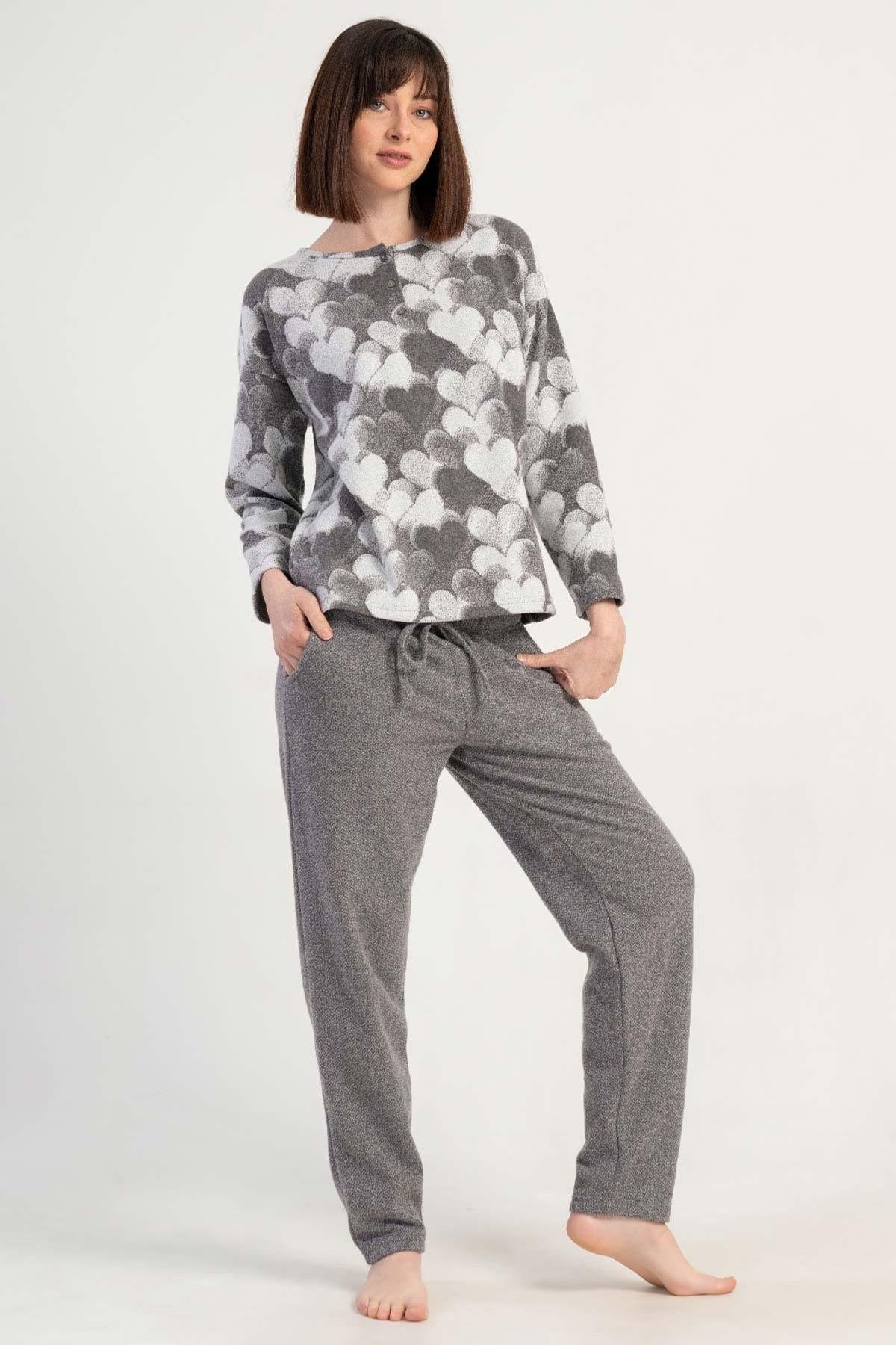 Mısırlı Kadın İnterlok Kalp Desenli Uzun Kollu Pijama Takımı Gri Melanj