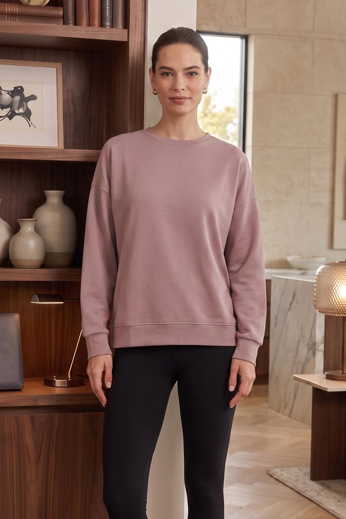 Mısırlı Kadın Modal Bisiklet Yaka Sweatshirt Gül Kurusu