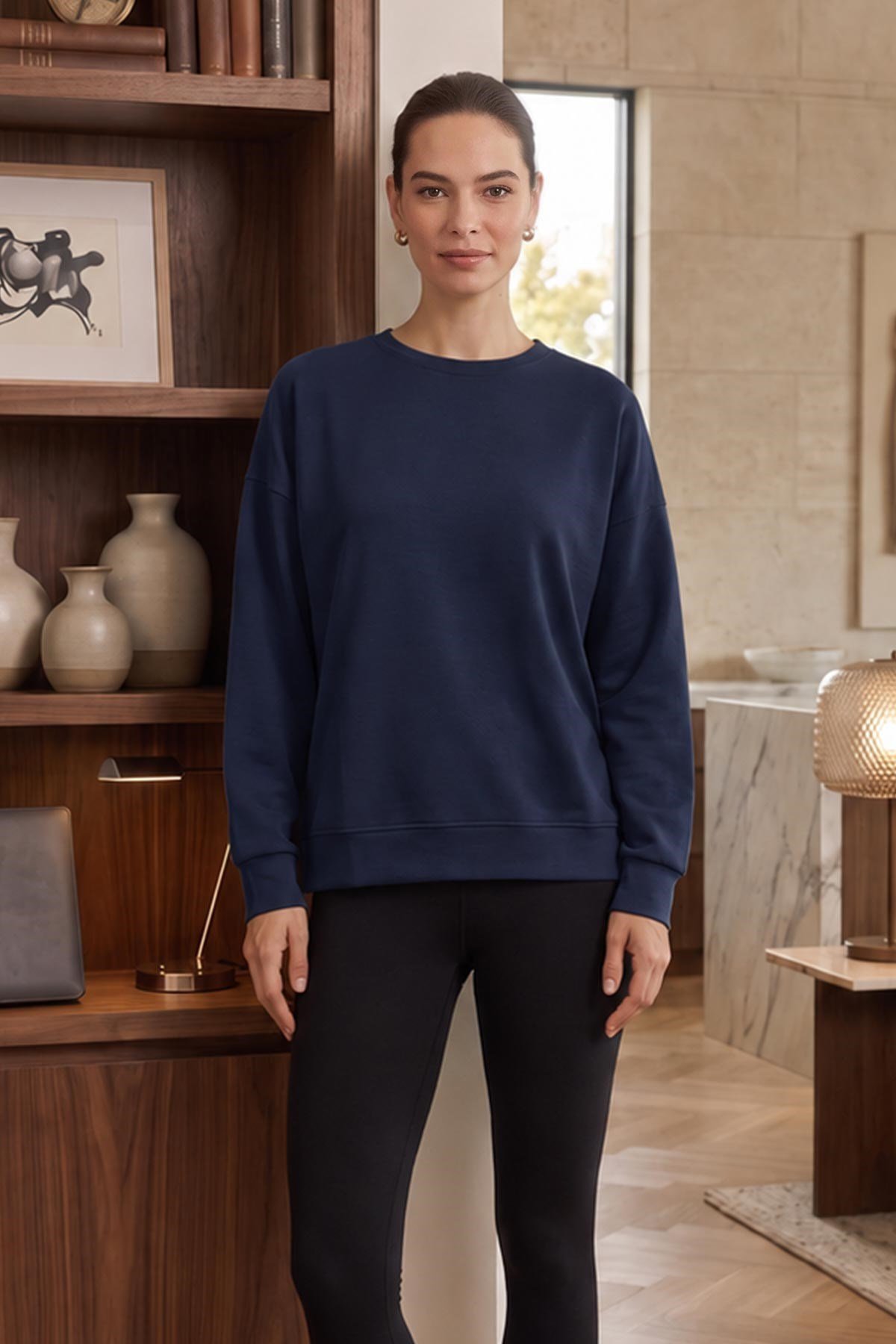 Mısırlı Kadın Modal Bisiklet Yaka Sweatshirt Koyu Lacivert