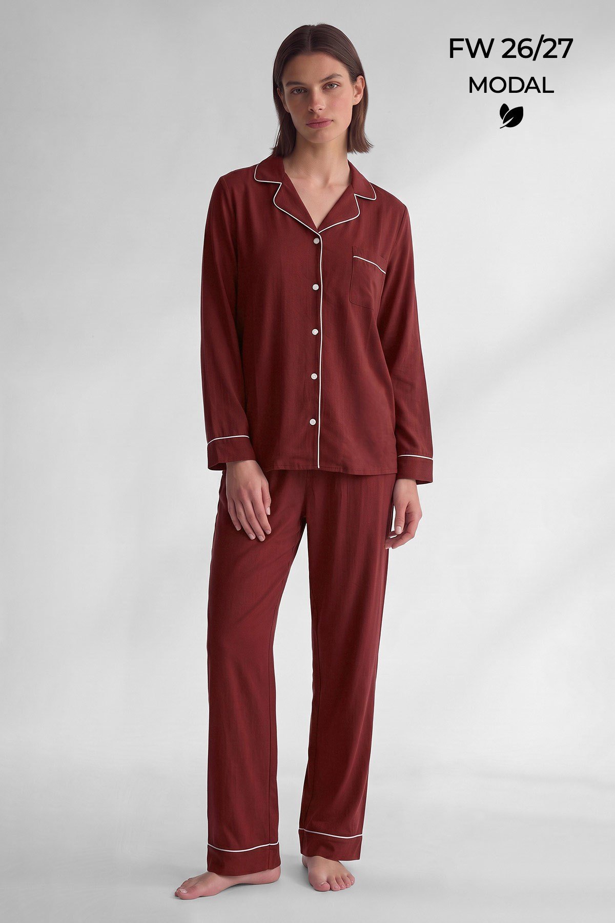 Mısırlı Kadın Modal Biye Detaylı Pijama Takım Bordo