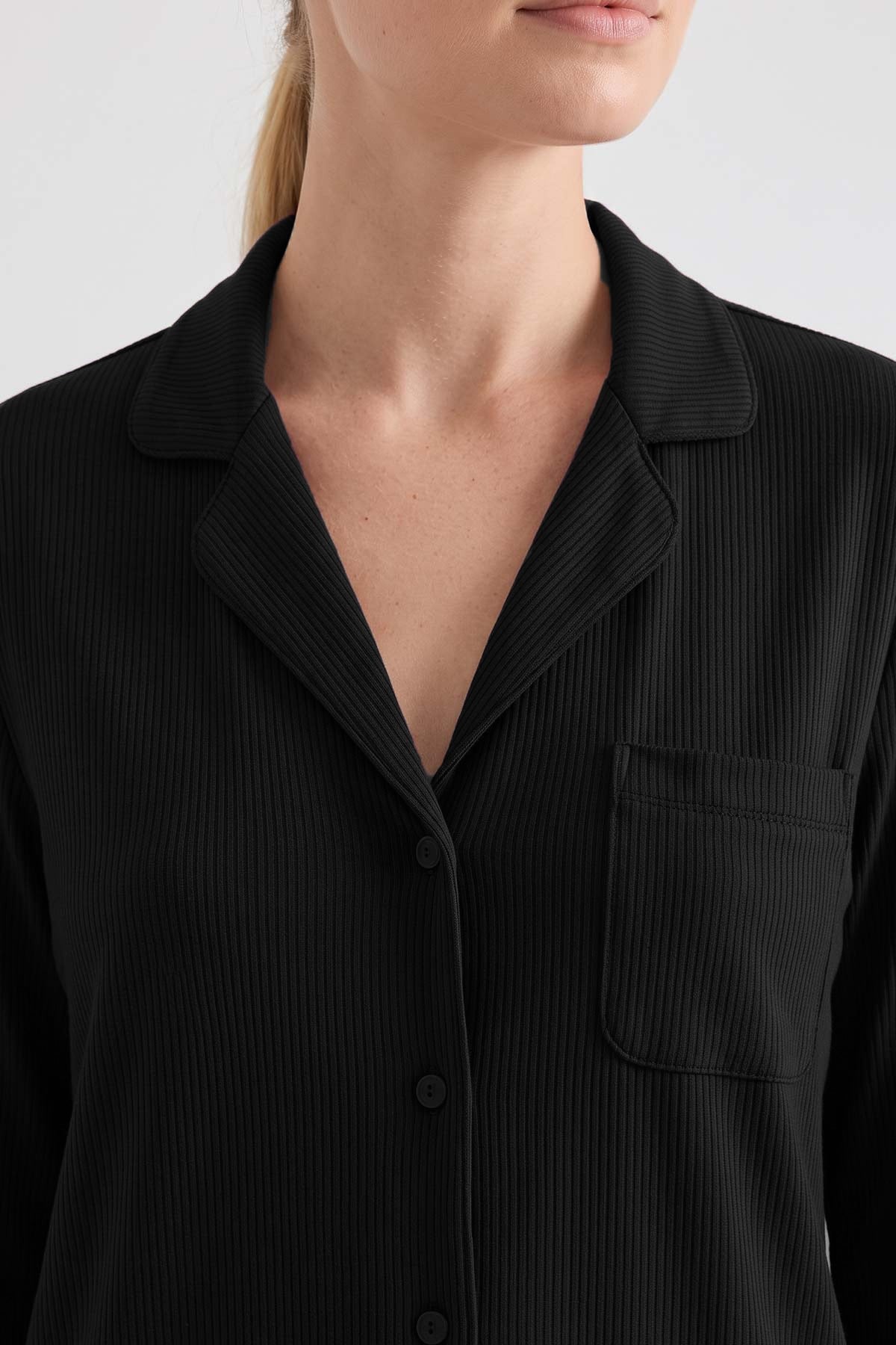 Mısırlı Kadın Modal Kaşkorse Gömlek Pijama Takım Siyah