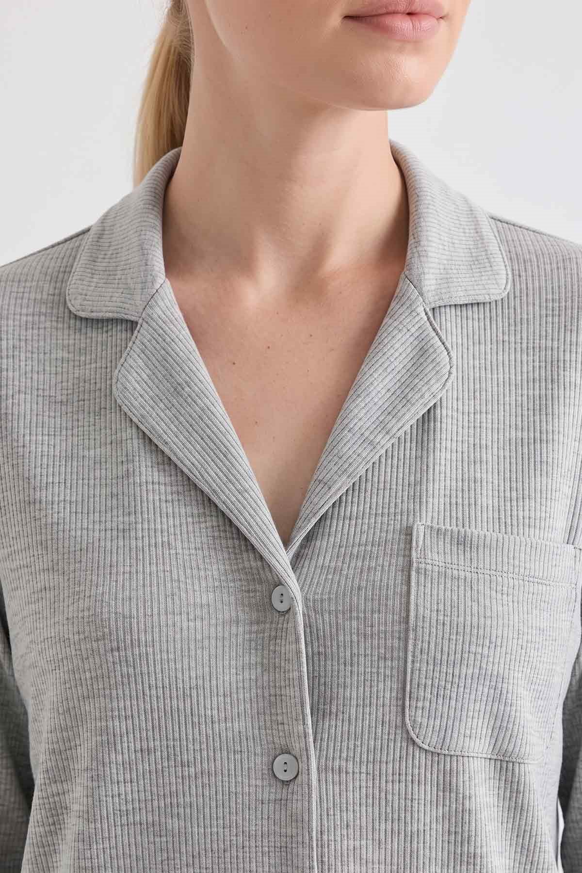 Mısırlı Kadın Modal Kaşkorse Gömlek Pijama Takım Gri Melanj