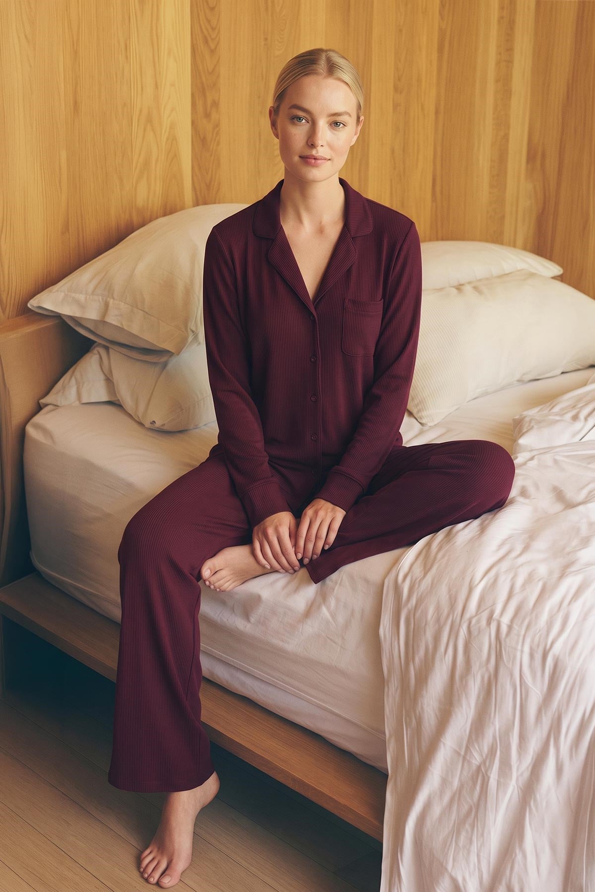 Mısırlı Kadın Modal Kaşkorse Gömlek Pijama Takım Vişne Çürüğü