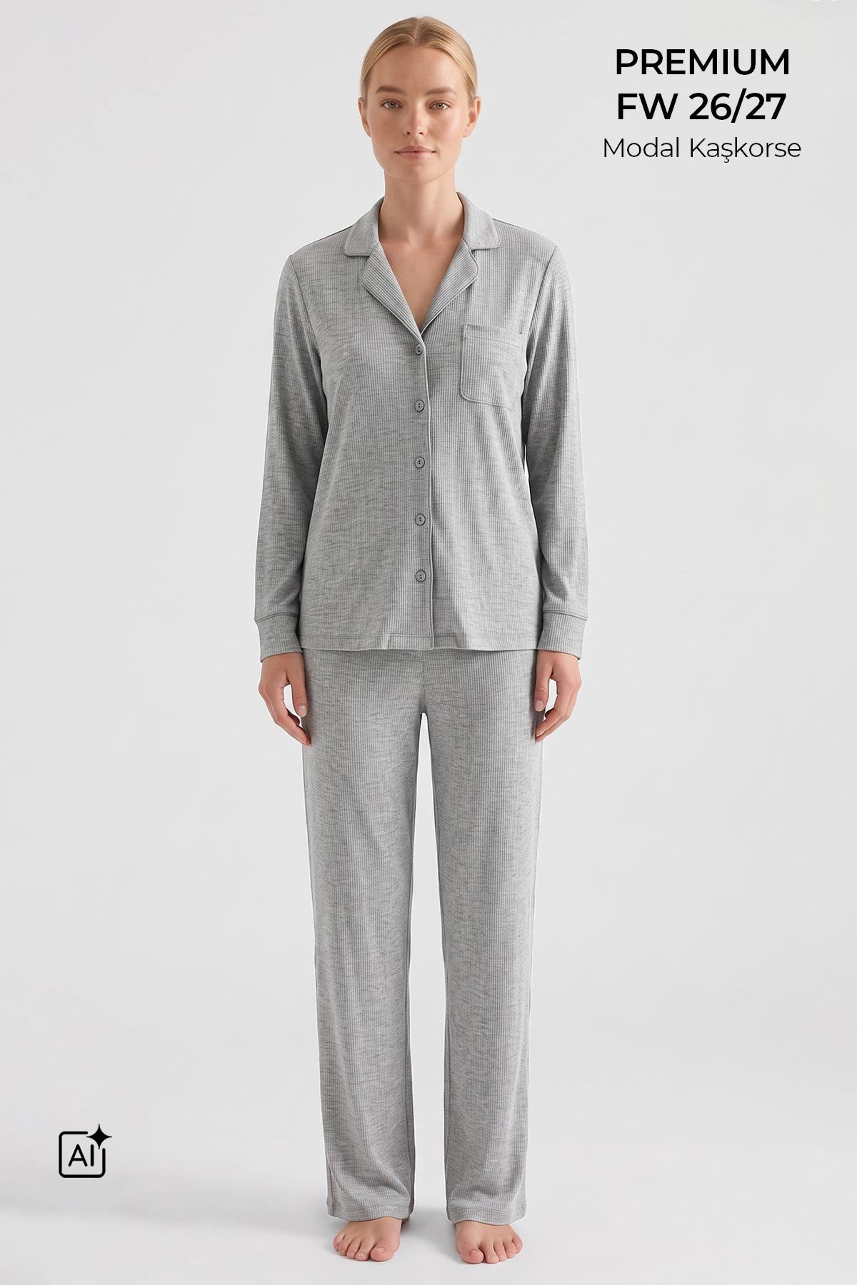 Mısırlı Kadın Modal Kaşkorse Gömlek Pijama Takım Gri Melanj