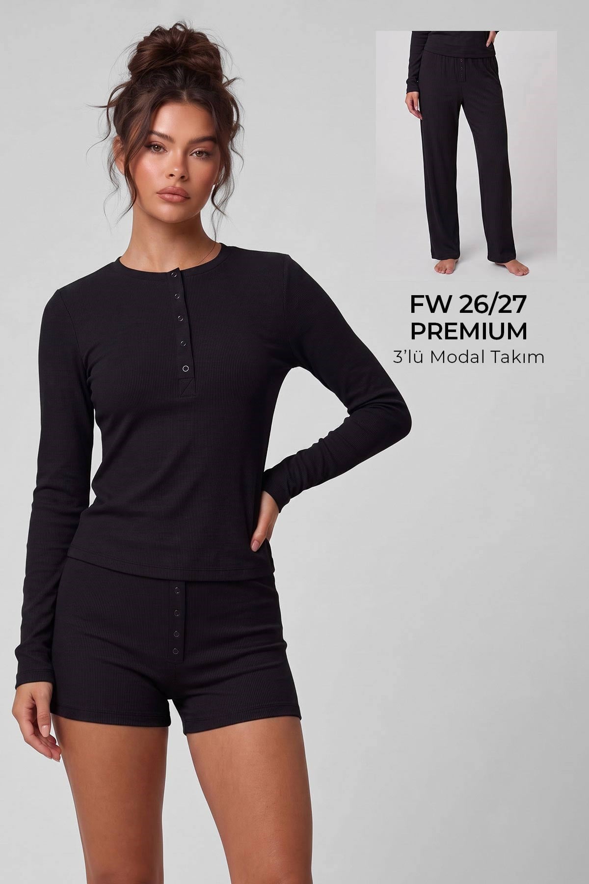Mısırlı Kadın Modal Kaşkorse Üçlü Pijama Takım Siyah