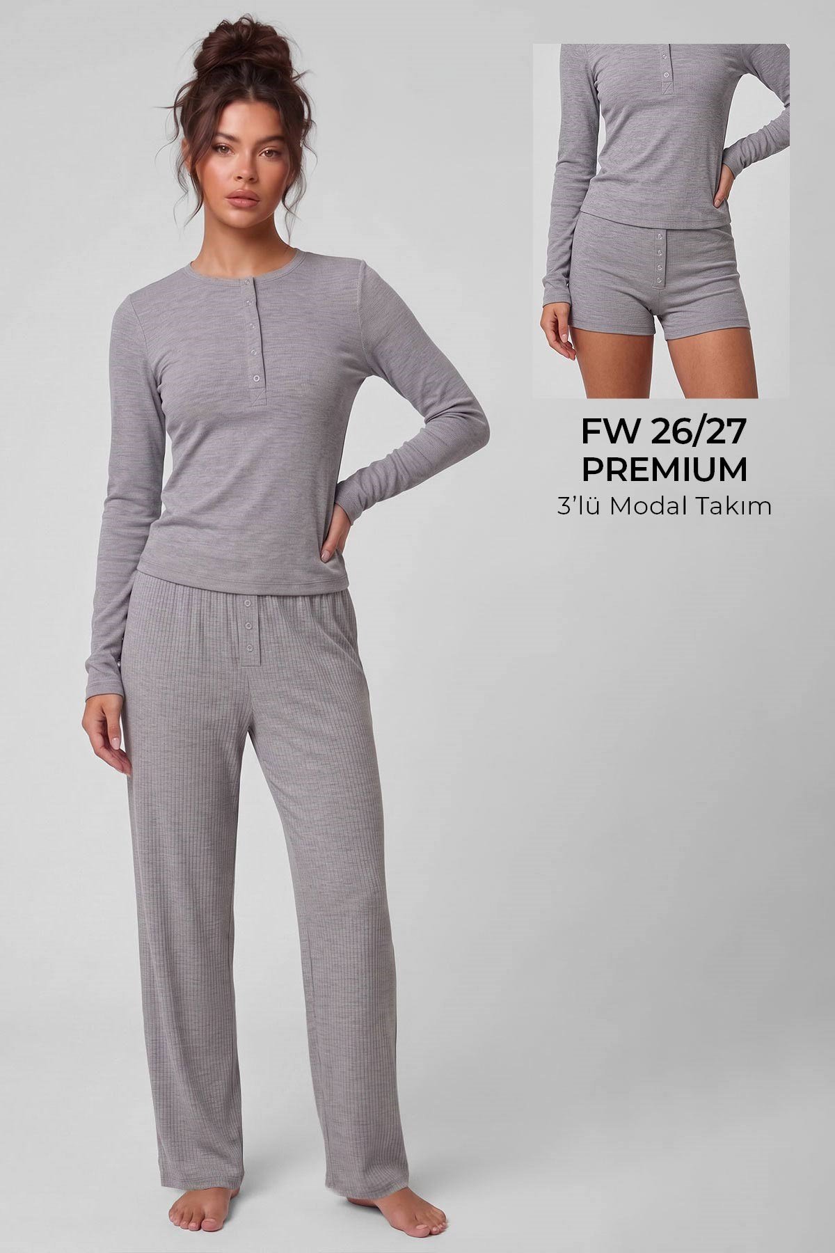 Mısırlı Kadın Modal Kaşkorse Üçlü Pijama Takım Gri Melanj