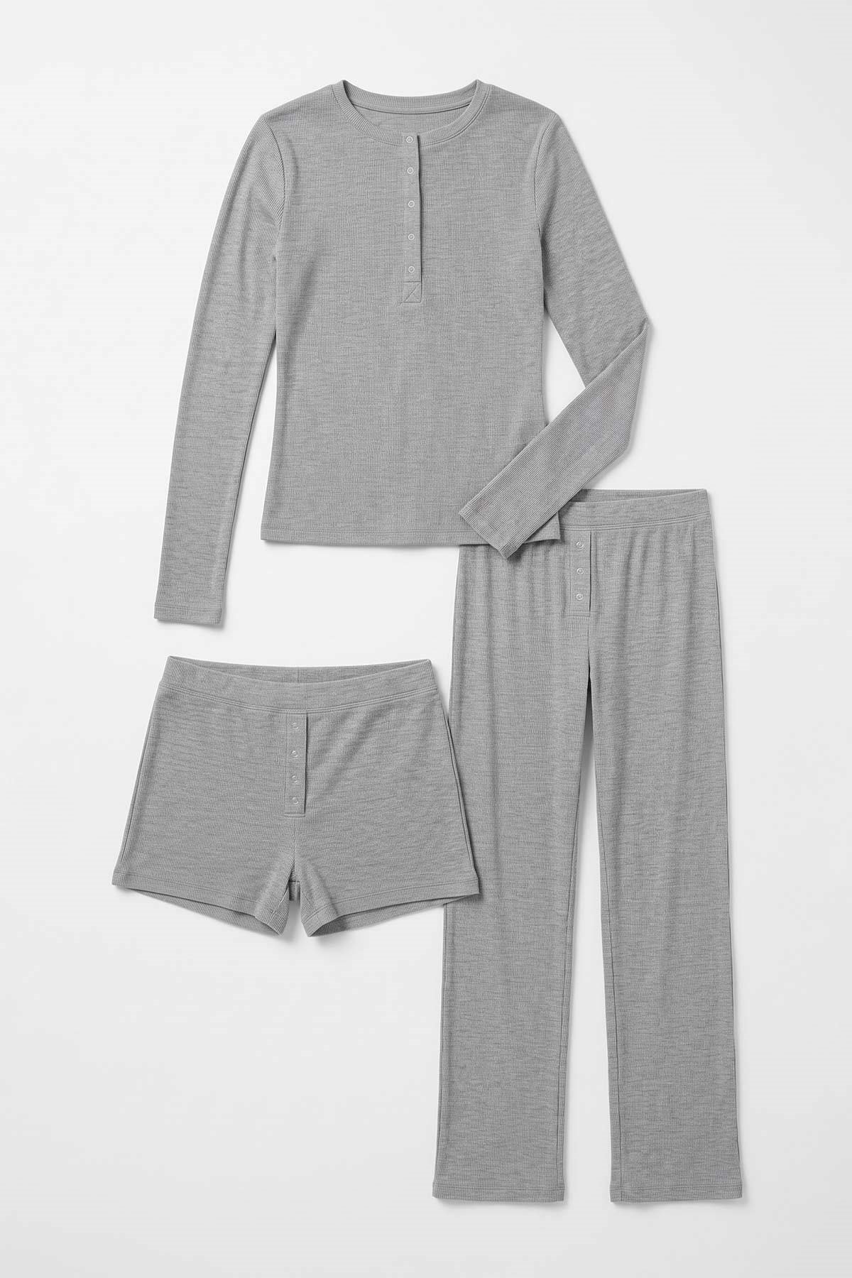 Mısırlı Kadın Modal Kaşkorse Üçlü Pijama Takım Gri Melanj