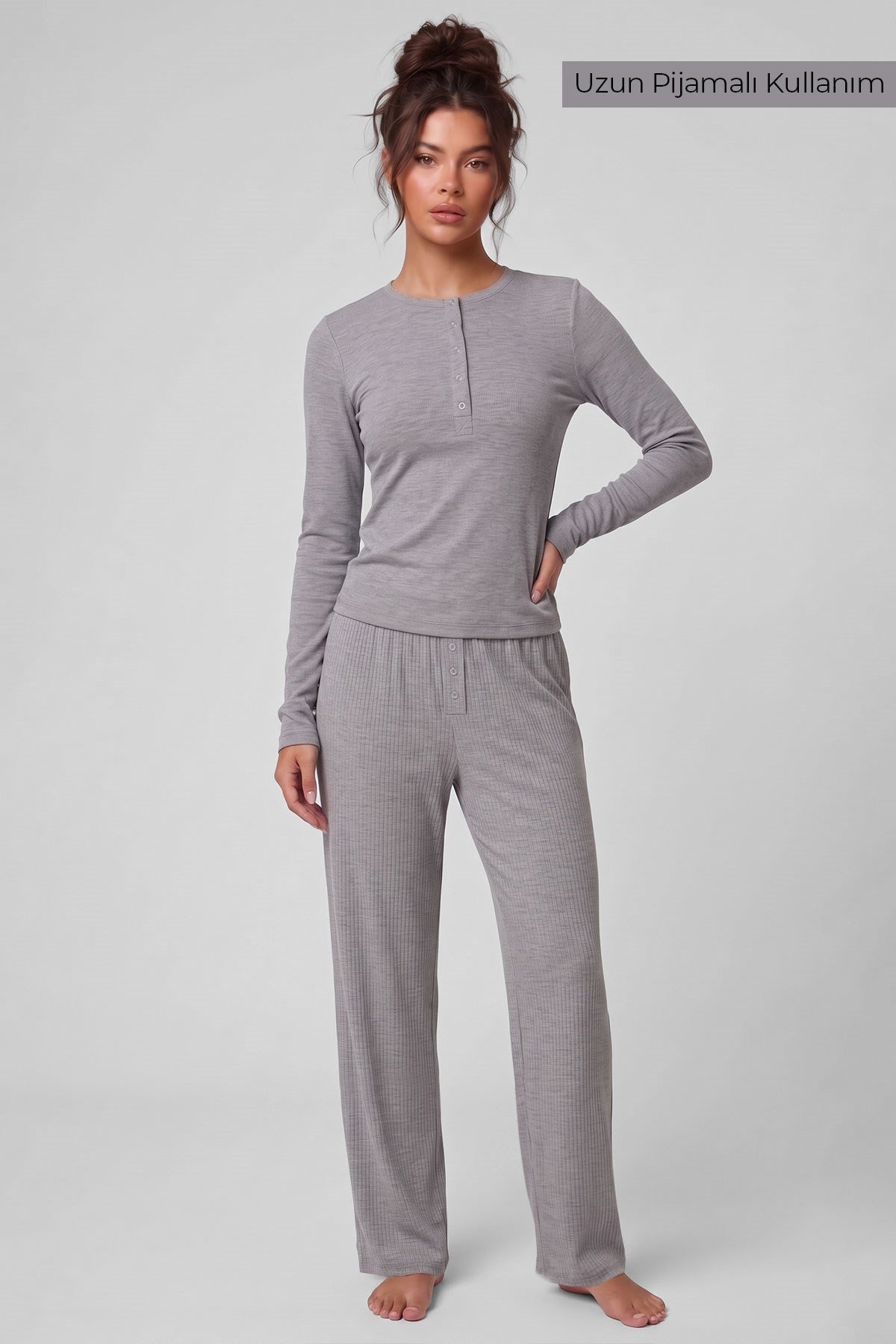Mısırlı Kadın Modal Kaşkorse Üçlü Pijama Takım Gri Melanj