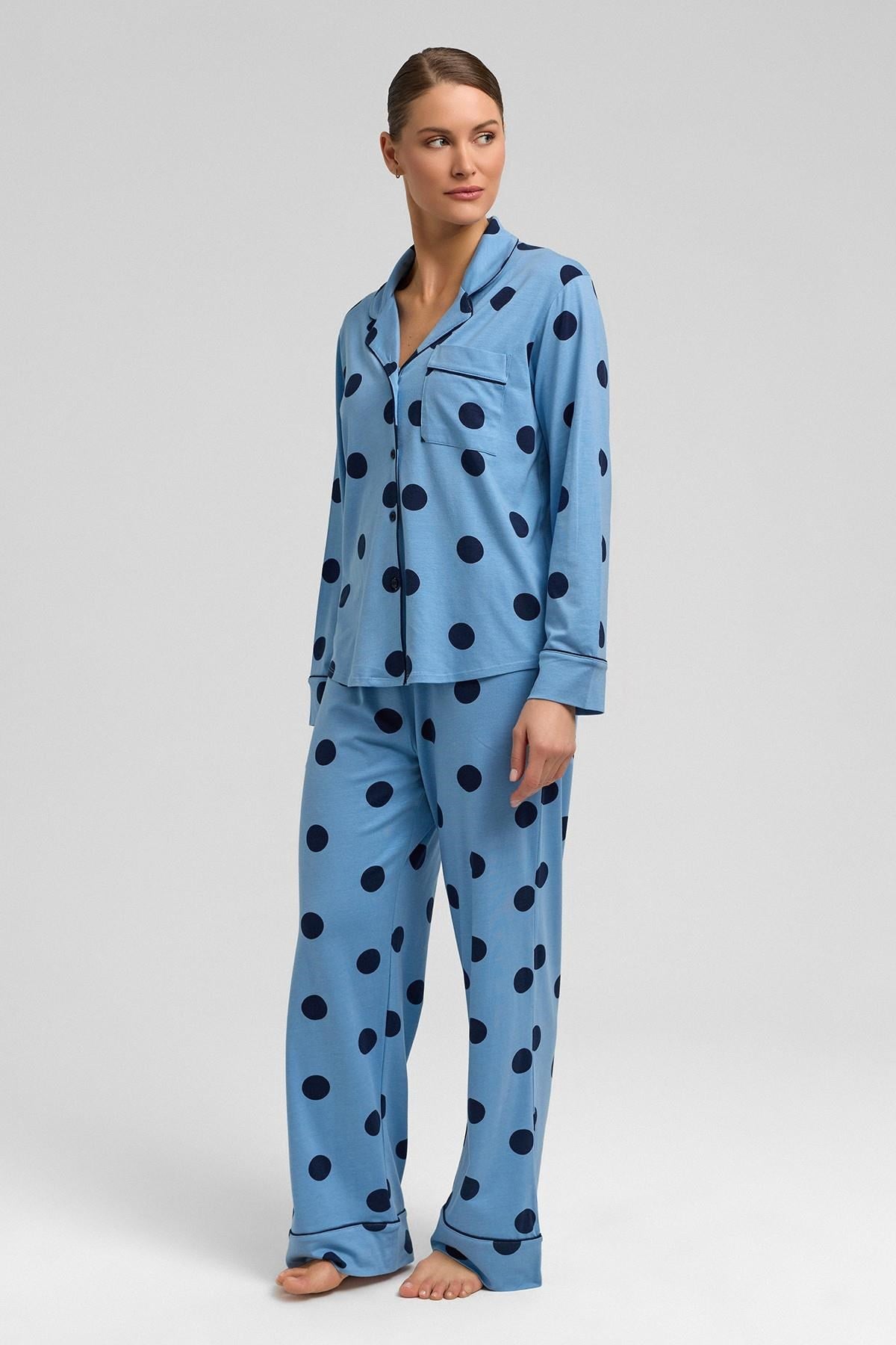 Mısırlı Kadın Modal Örme Puantiyeli Pijama Alt / Pantolon Bebe Mavisi