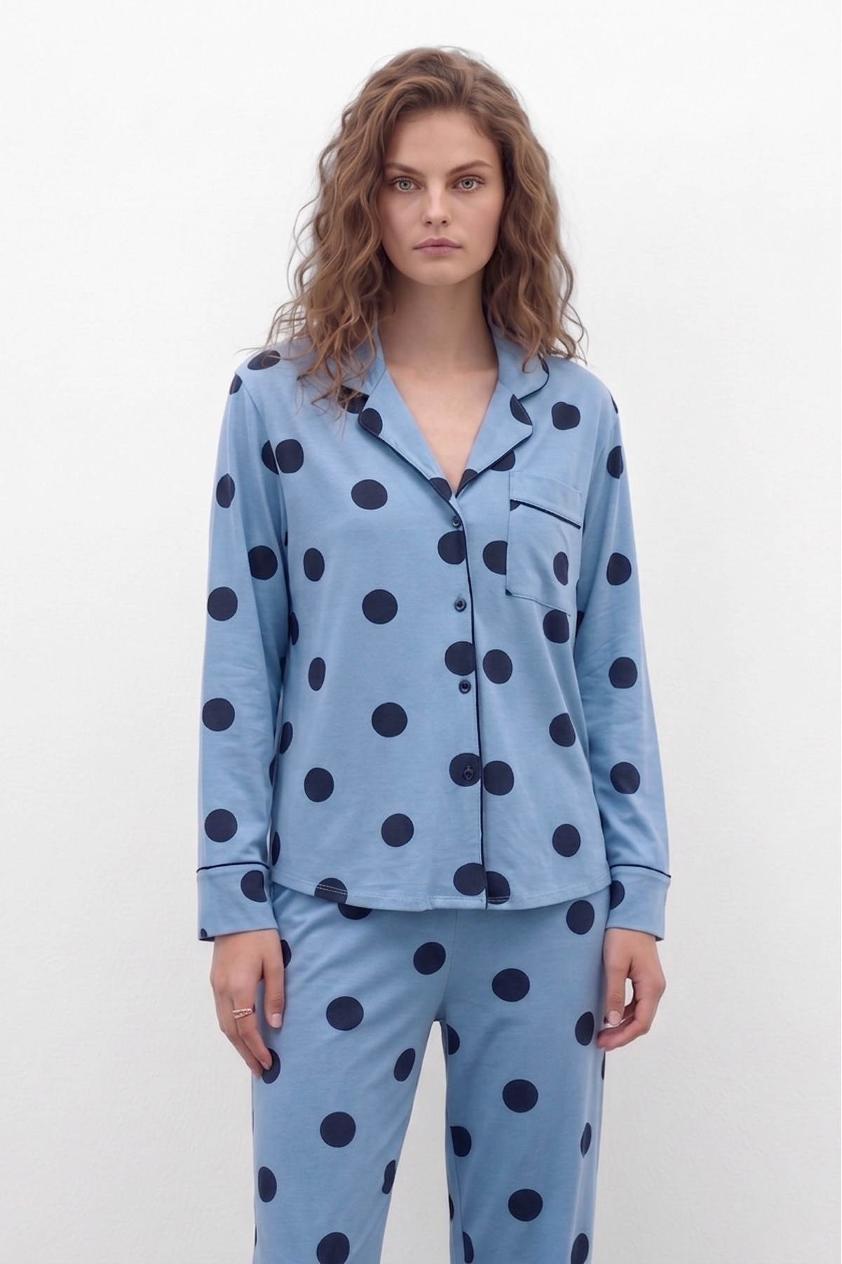 Mısırlı Kadın Modal Puantiyeli Gömlek Pijama Takım Bebe Mavisi