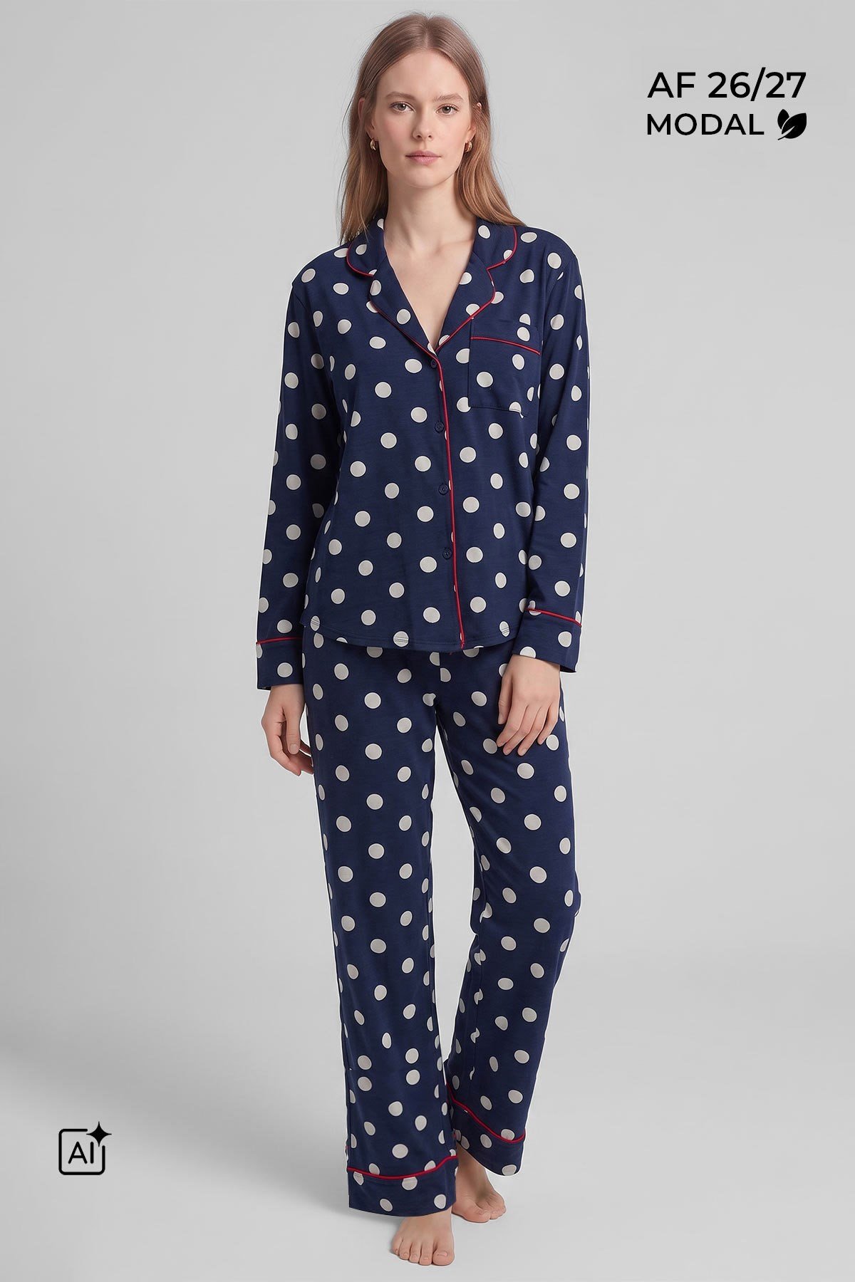 Mısırlı Kadın Modal Puantiyeli Pijama Takımı Lacivert