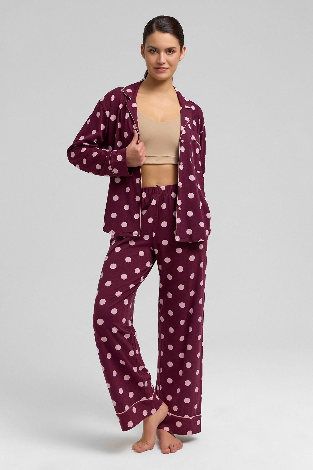 Mısırlı Kadın Modal Puantiyeli Pijama Takımı Bordo