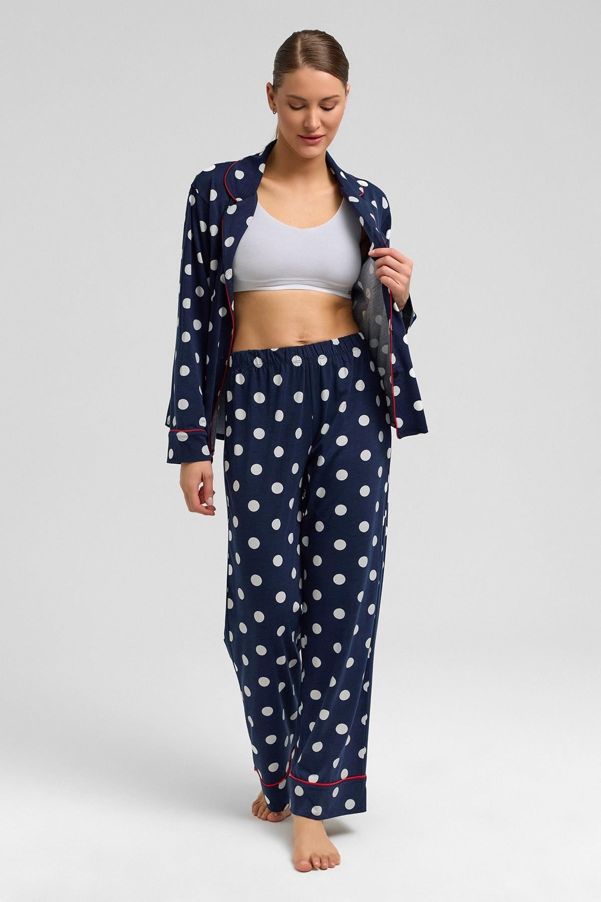 Mısırlı Kadın Modal Puantiyeli Pijama Takımı Lacivert