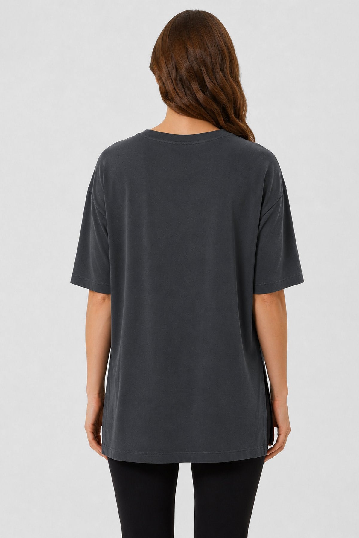 Mısırlı Kadın Modal Uzun Yırtmaçlı T-Shirt Antrasit