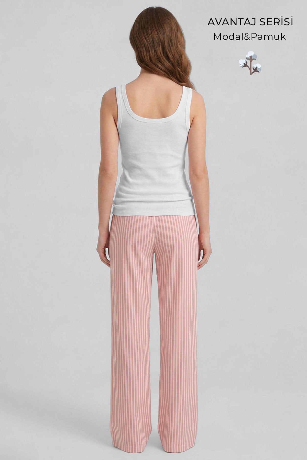 Mısırlı Kadın Modal&Pamuk Karışımlı Askılı Pijama Takım Beyaz-Somon Çizgili
