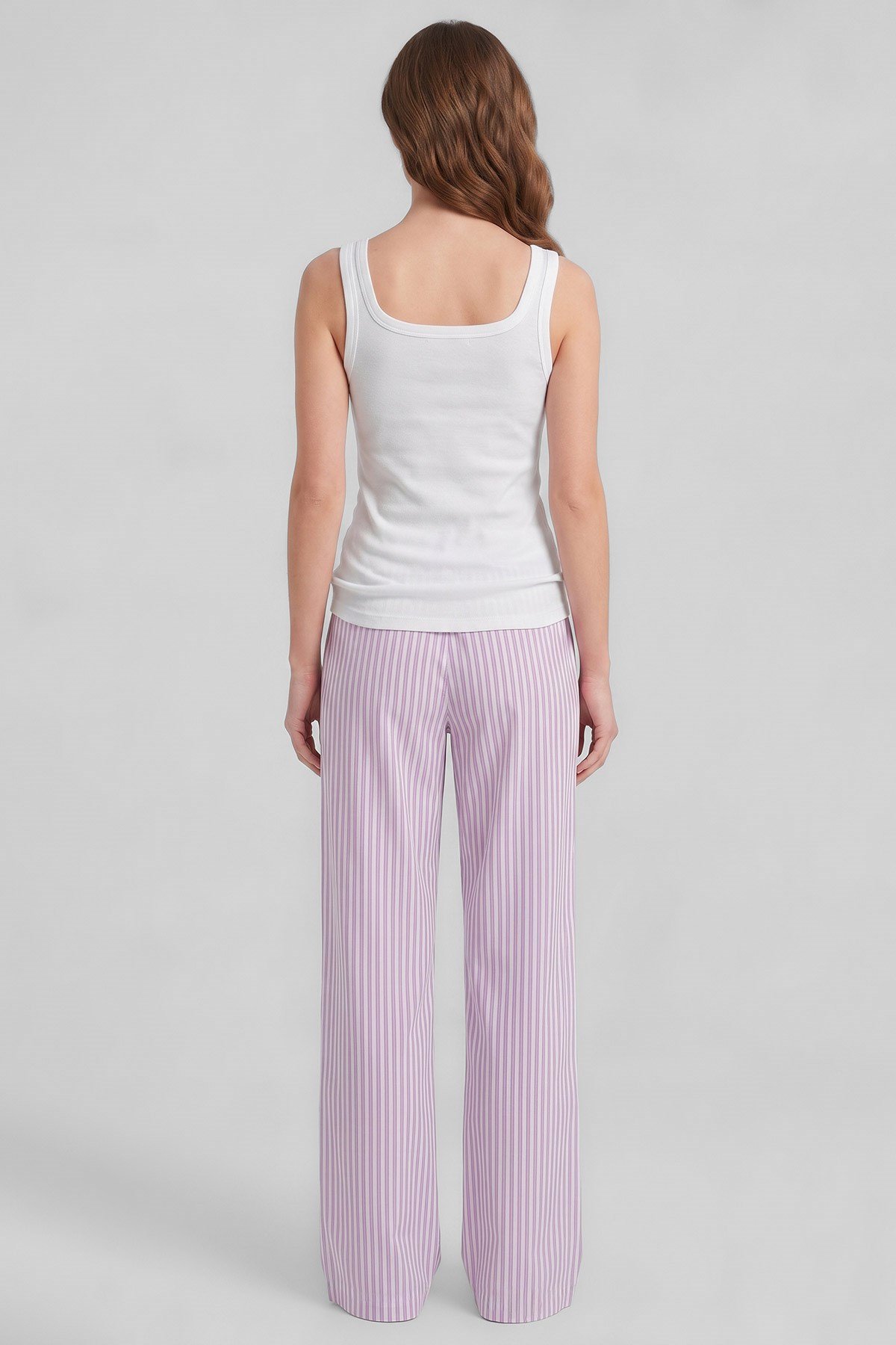 Mısırlı Kadın Modal&Pamuk Karışımlı Askılı Pijama Takım Beyaz-Lila Çizgili
