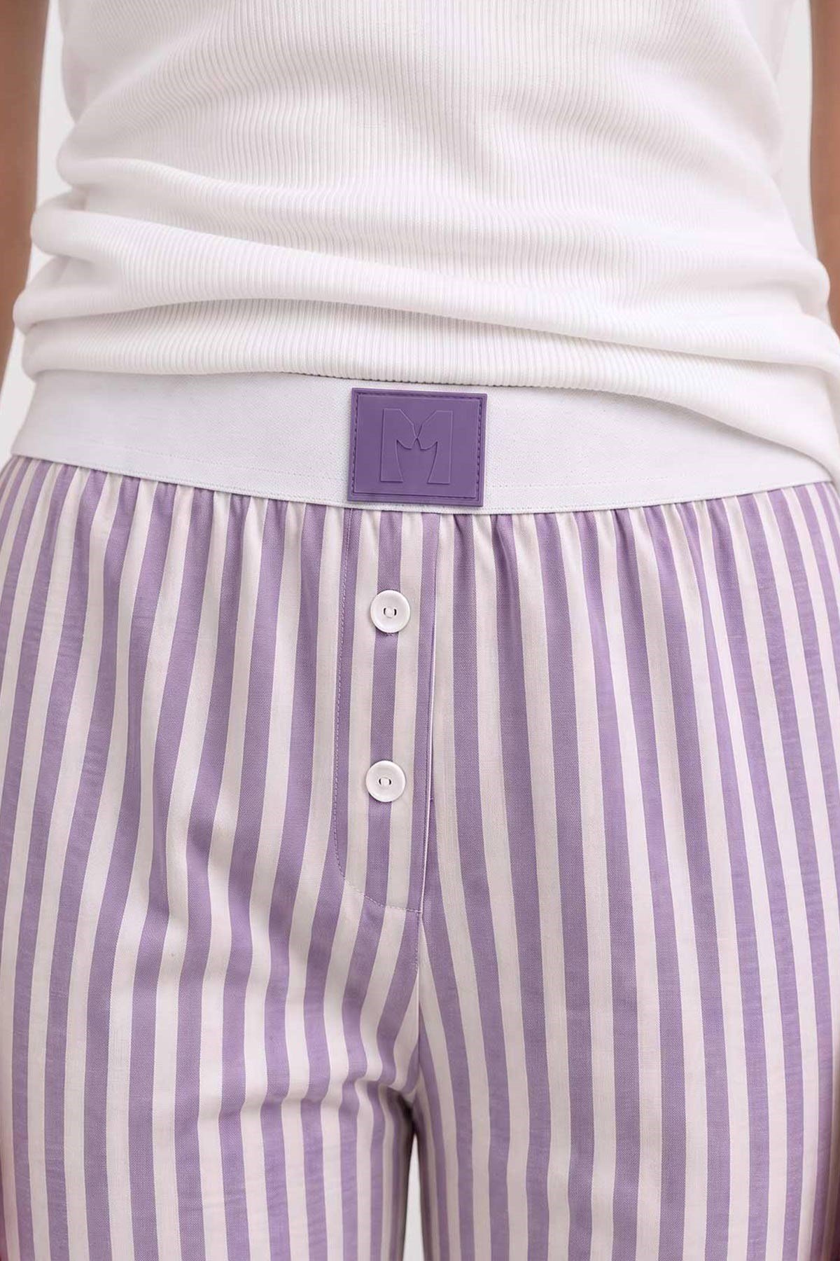 Mısırlı Kadın Modal&Pamuk Karışımlı Askılı Pijama Takım Beyaz-Lila Çizgili
