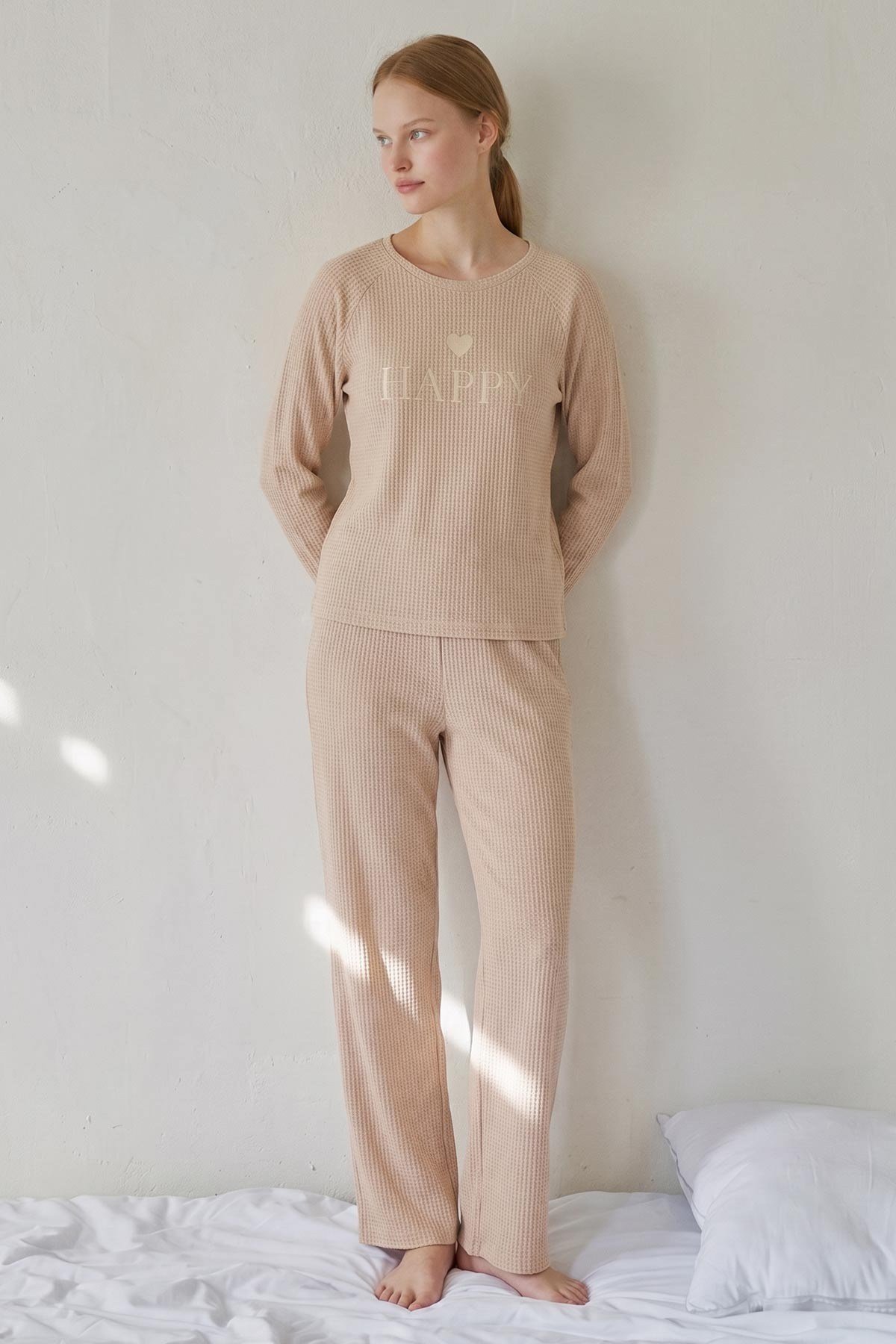 Mısırlı Kadın Pamuk Gofre Kumaş Pijama Takım Açık Pembe