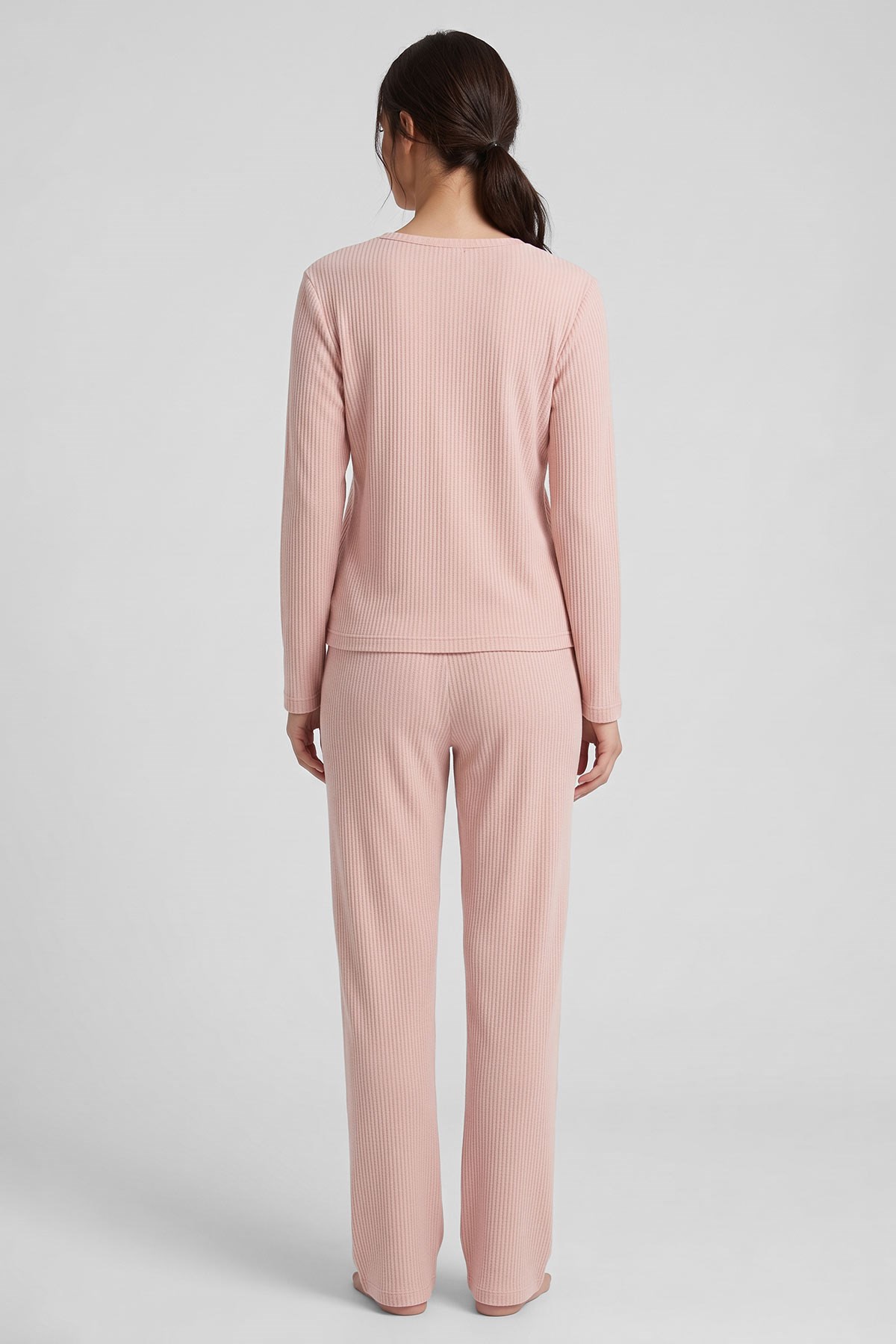 Mısırlı Kadın Pamuk Gofre V Yaka Pijama Takım Açık Pembe