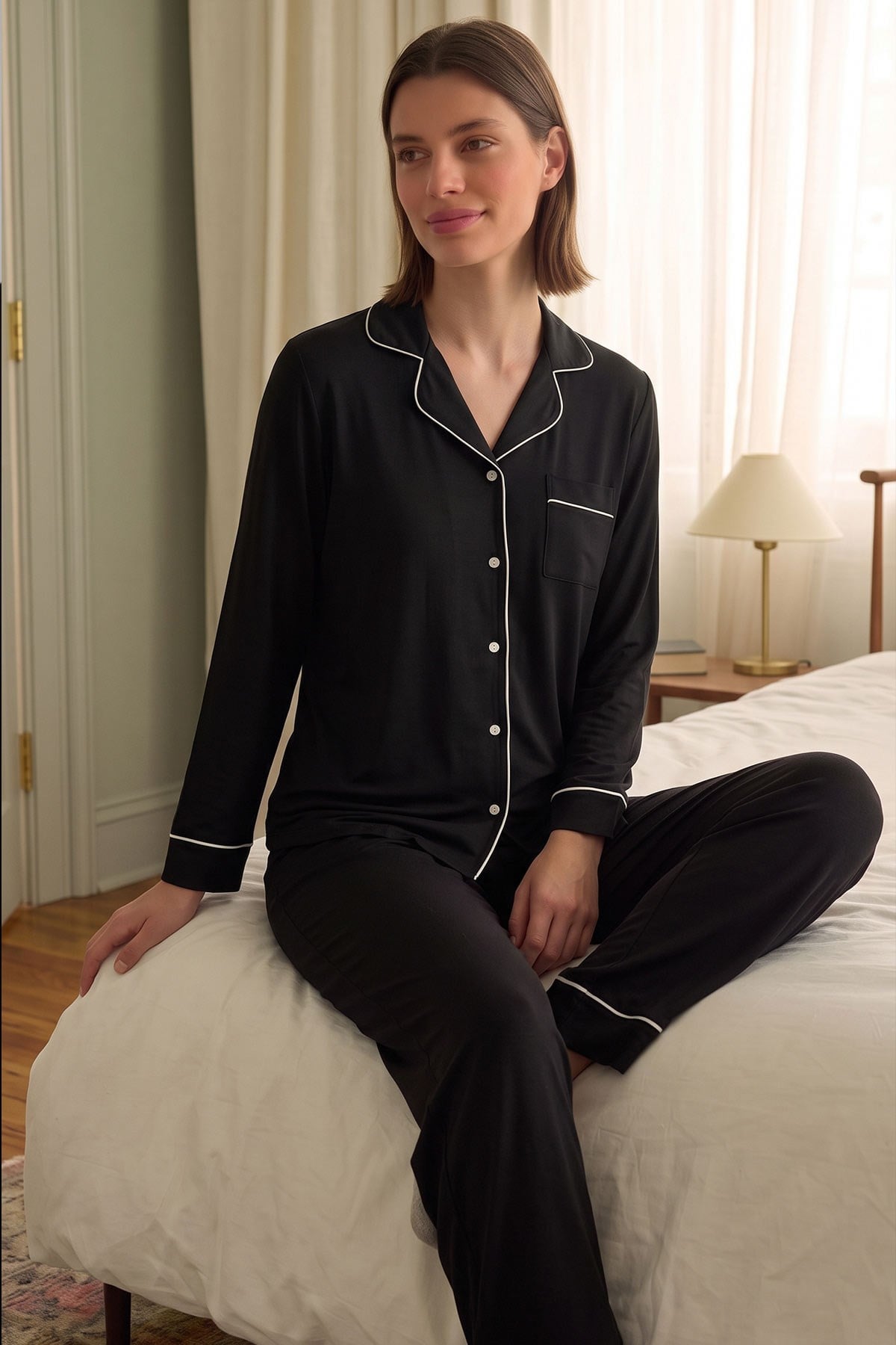 Mısırlı Kadın Pamuk Karışımlı Düz Pijama Takım Siyah